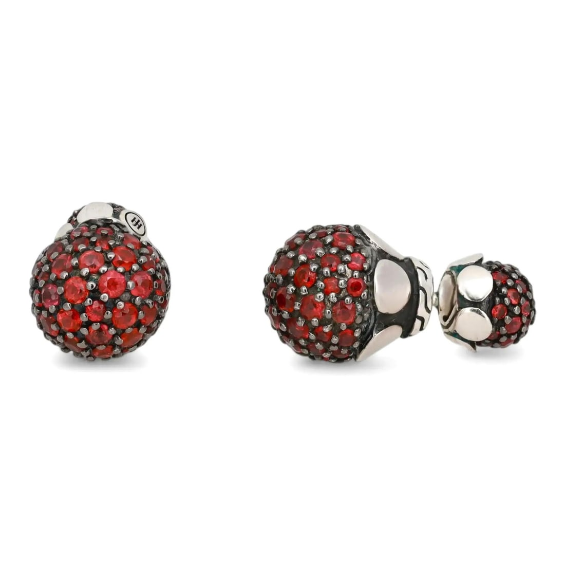 Sterling Silver Stud Earrings with Round Ruby by John Hardy: Sterling Silver Stud Earrings with Round Ruby by John Hardy These John Hardy stud earrings showcase round cut natural rubies set in a pave style within spherical 925 sterling silver settings. The earr