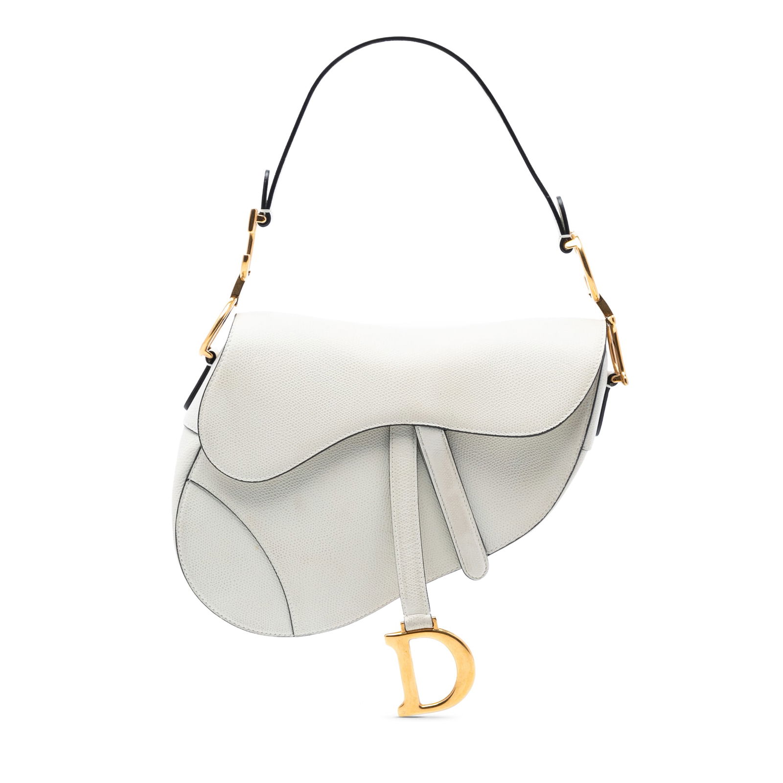 White Dior Saddle Bag in Grained Calfskin Leather with Flap Closure: White Dior Saddle Bag in Grained Calfskin Leather with Flap Closure This Dior Grained Calfskin Saddle Bag features a distinctive white leather body with a flat leather shoulder strap, a signature fron