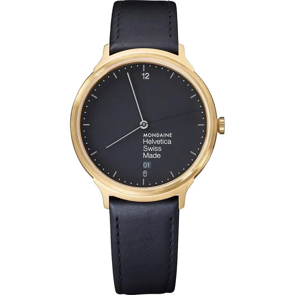 Mondaine Helvetica No1 38mm Gold-Tone Quartz Watch Black Leather Band: Mondaine Helvetica No1 38mm Gold-Tone Quartz Watch Black Leather Band This Mondaine Helvetica No1 watch features a classic 38mm round case crafted from durable stainless steel with a gold-tone finish.