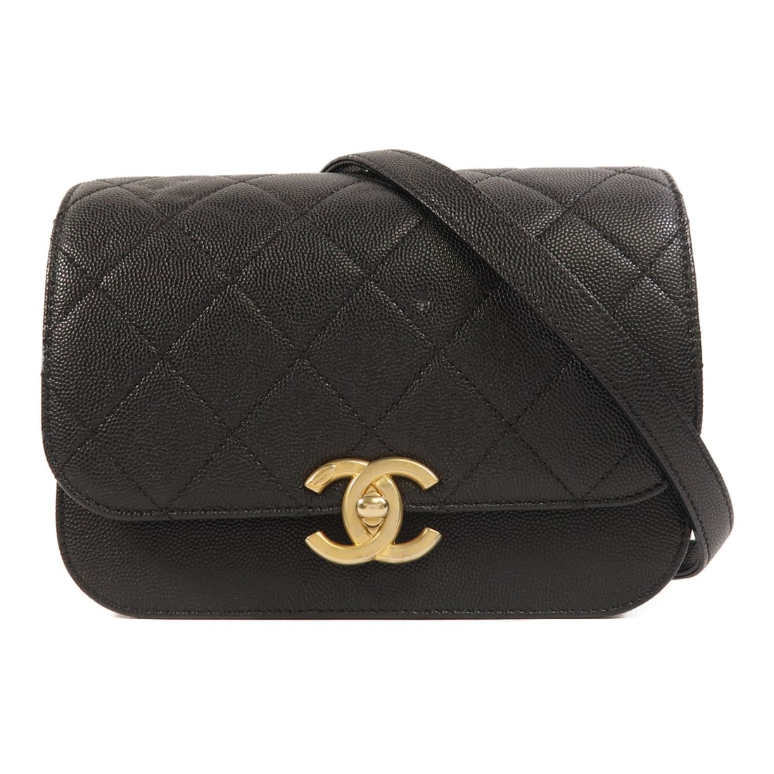 Black Calfskin Shoulder Bag by CHANEL with CC Gold Hardware: Black Calfskin Shoulder Bag by CHANEL with CC Gold Hardware This CHANEL shoulder bag features black calfskin leather with a classic CC design and gold-tone hardware. The bag is crafted in France and o