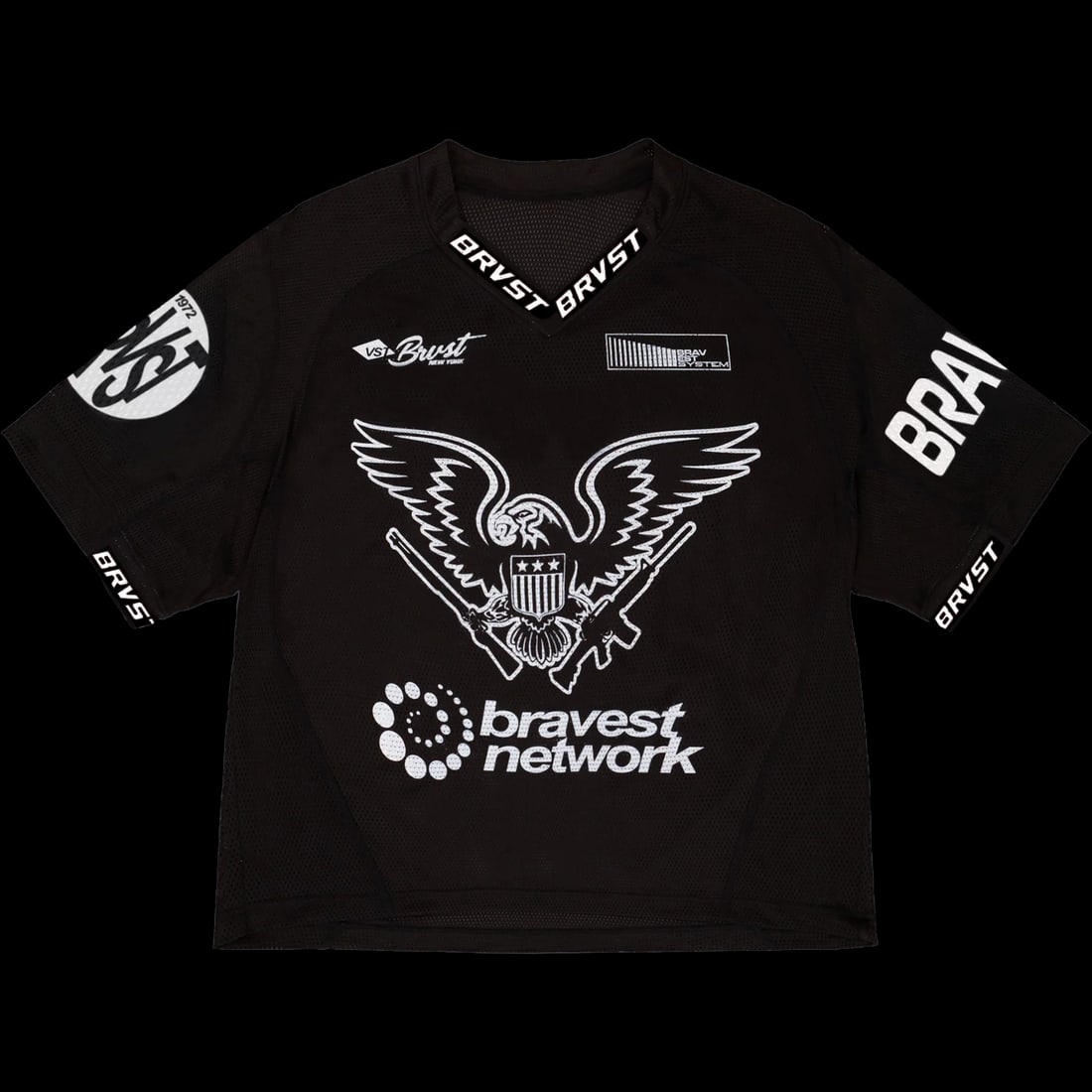 Eagle Graphic Black Mesh Jersey by Bravest Studios: Eagle Graphic Black Mesh Jersey by Bravest Studios The Bravest Studios Eagle Lacrosse Black Jersey features a bold eagle graphic on a clean black base, crafted from premium lightweight mesh for breath