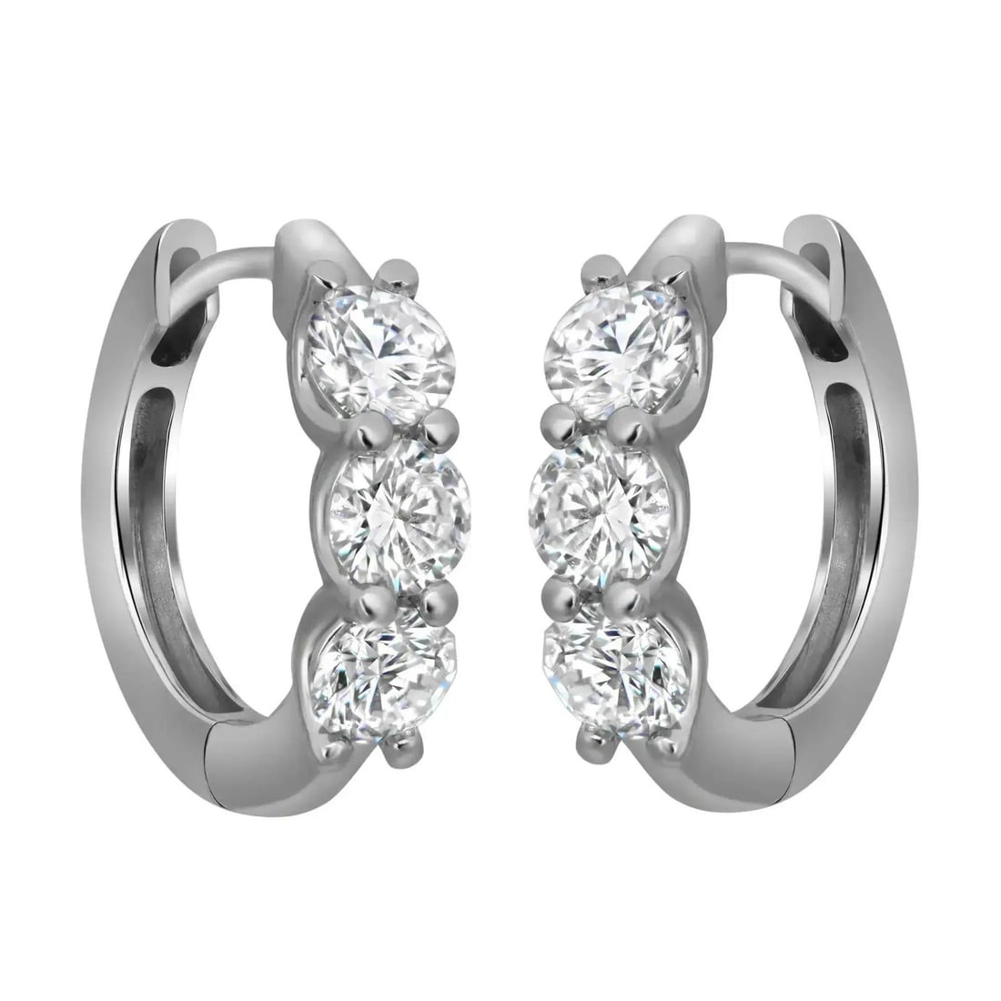 Rachel Koen 14K White Gold Huggie Earrings with Lab Grown Diamonds 1.025ctw: Rachel Koen 14K White Gold Huggie Earrings with Lab Grown Diamonds 1.025ctw These elegant huggie earrings are crafted from 14K white gold and showcase three round brilliant cut lab grown diamonds on e