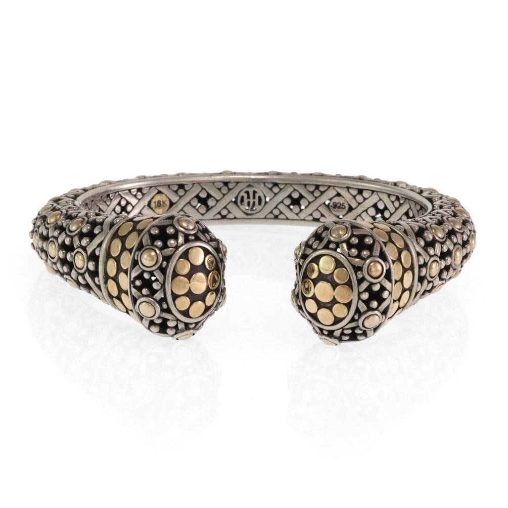 John Hardy Dot Kick Cuff Bracelet 925 Silver 18k Gold Hinged Design: John Hardy Dot Kick Cuff Bracelet 925 Silver 18k Gold Hinged Design Elevate your accessory collection with this authentic John Hardy cuff bracelet from the Dot Kick Collection. Crafted from a stunning