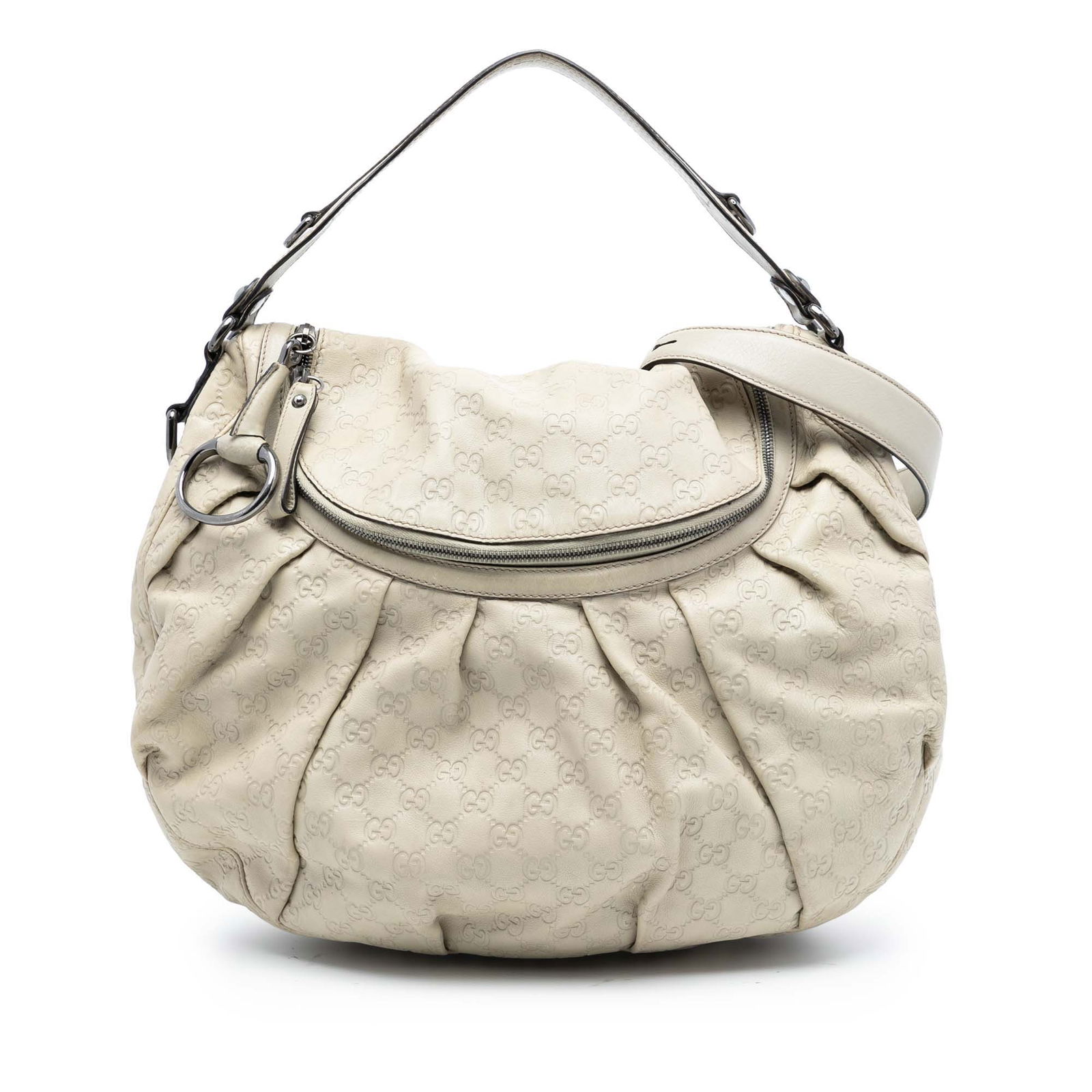 Gucci Guccissima Icon Bit White Leather Satchel with Detachable Strap: Gucci Guccissima Icon Bit White Leather Satchel with Detachable Strap The Guccissima Icon Bit Satchel features an embossed leather body in white, complemented by a flat leather handle and a detachable