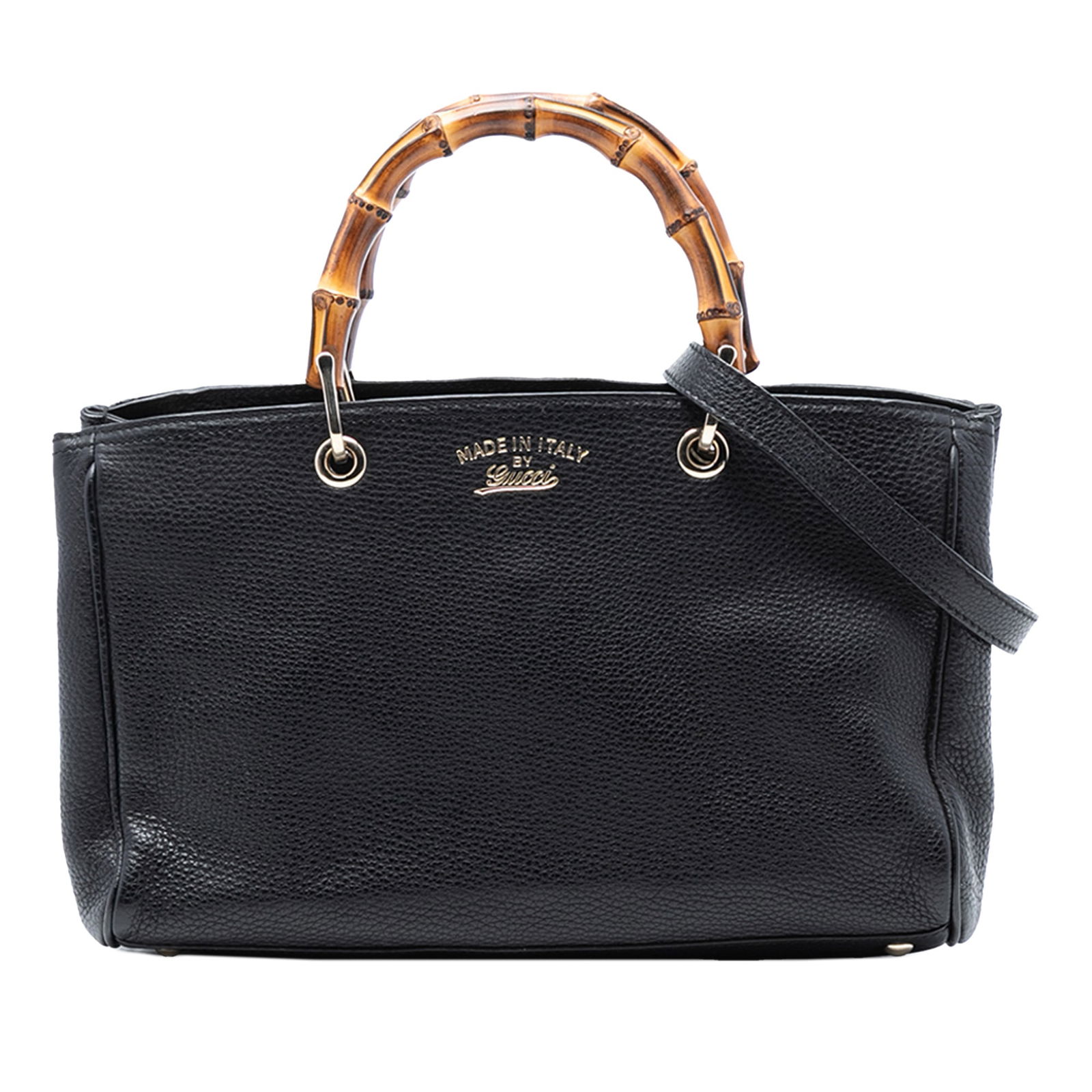 Gucci Bamboo Handle Black Leather Medium Shopper Satchel with Strap: Gucci Bamboo Handle Black Leather Medium Shopper Satchel with Strap This Gucci Medium Calfskin Bamboo Shopper Satchel showcases a leather body with distinctive bamboo top handles. The bag features a d
