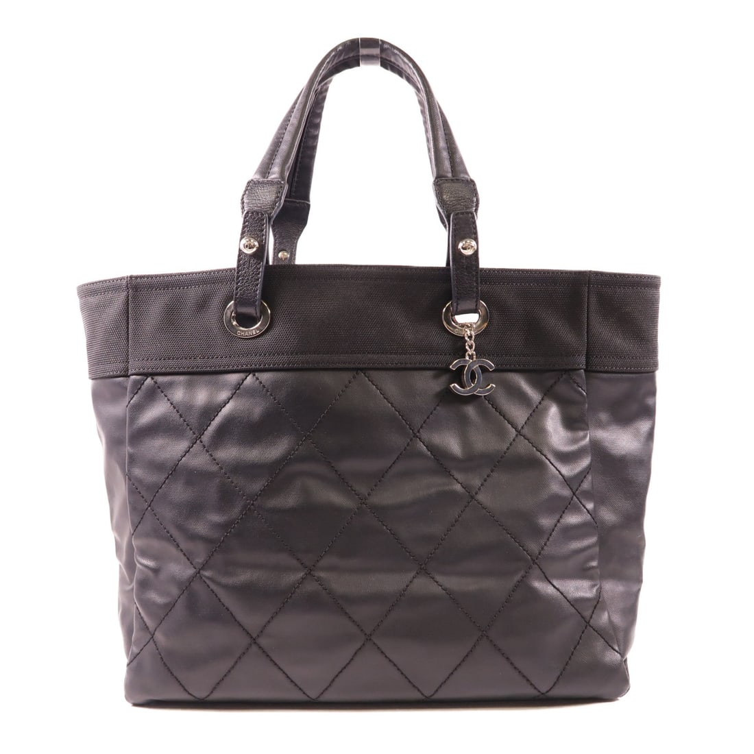 CHANEL Paris Biarritz Tote Handbag Black Calfskin Nylon SHW (1 of 14)