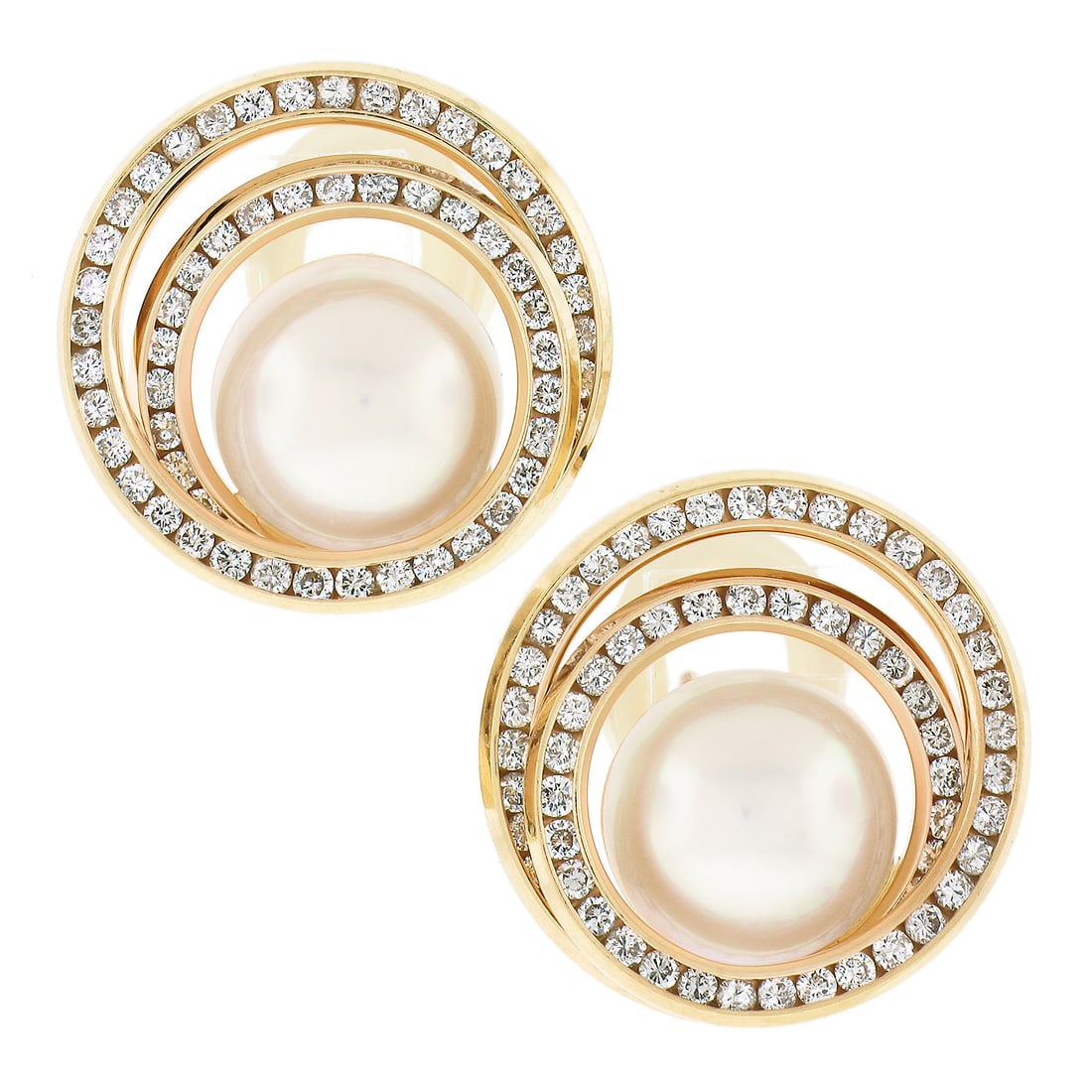 14K Yellow Gold 11mm Mabe Pearl Diamond Button Earrings: 14K Yellow Gold 11mm Mabe Pearl Diamond Button Earrings Elegantly crafted in solid 14K yellow gold, these stunning earrings showcase a dual channel set of 132 round brilliant cut diamonds, beautifully