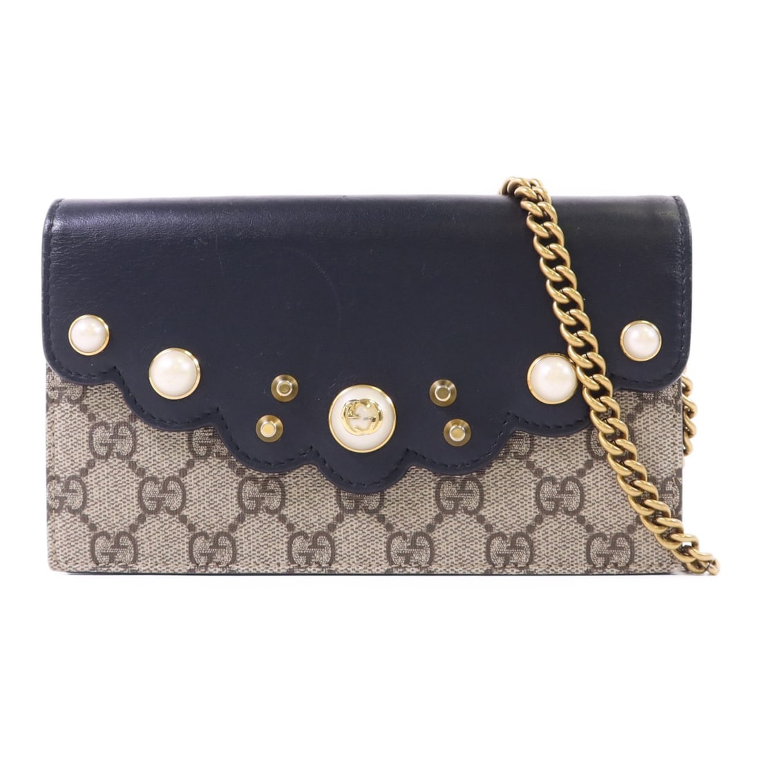 Gucci Beige GG Canvas Wallet Shoulder Bag with Gold Hardware: Gucci Beige GG Canvas Wallet Shoulder Bag with Gold Hardware This GUCCI GG Wallet On Chain Shoulder Bag features the iconic GG canvas in beige with black accents. Designed for versatility, it can be w