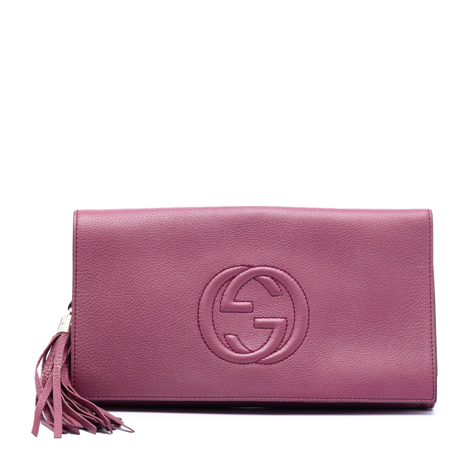 Gucci Soho Disco Pink Leather Clutch with Tassel Detail: Gucci Soho Disco Pink Leather Clutch with Tassel Detail This Gucci Leather Soho Disco Clutch features a pink leather exterior with a signature tassel detail and a front flap secured by a magnetic snap