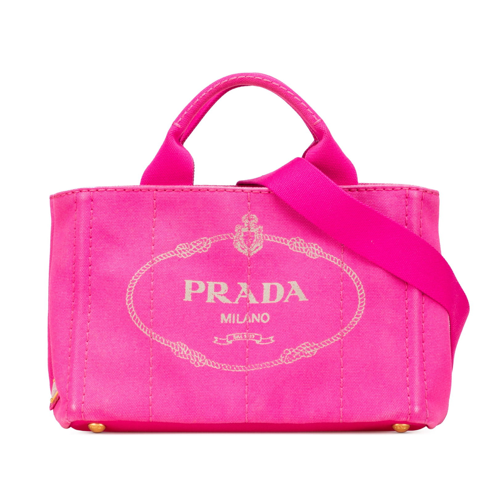 Prada Small Pink Canapa Logo Satchel with Detachable Strap: Prada Small Pink Canapa Logo Satchel with Detachable Strap This Prada Small Canvas Canapa Logo Satchel showcases a stylish and functional design, crafted from durable canvas in a charming pink hue. It