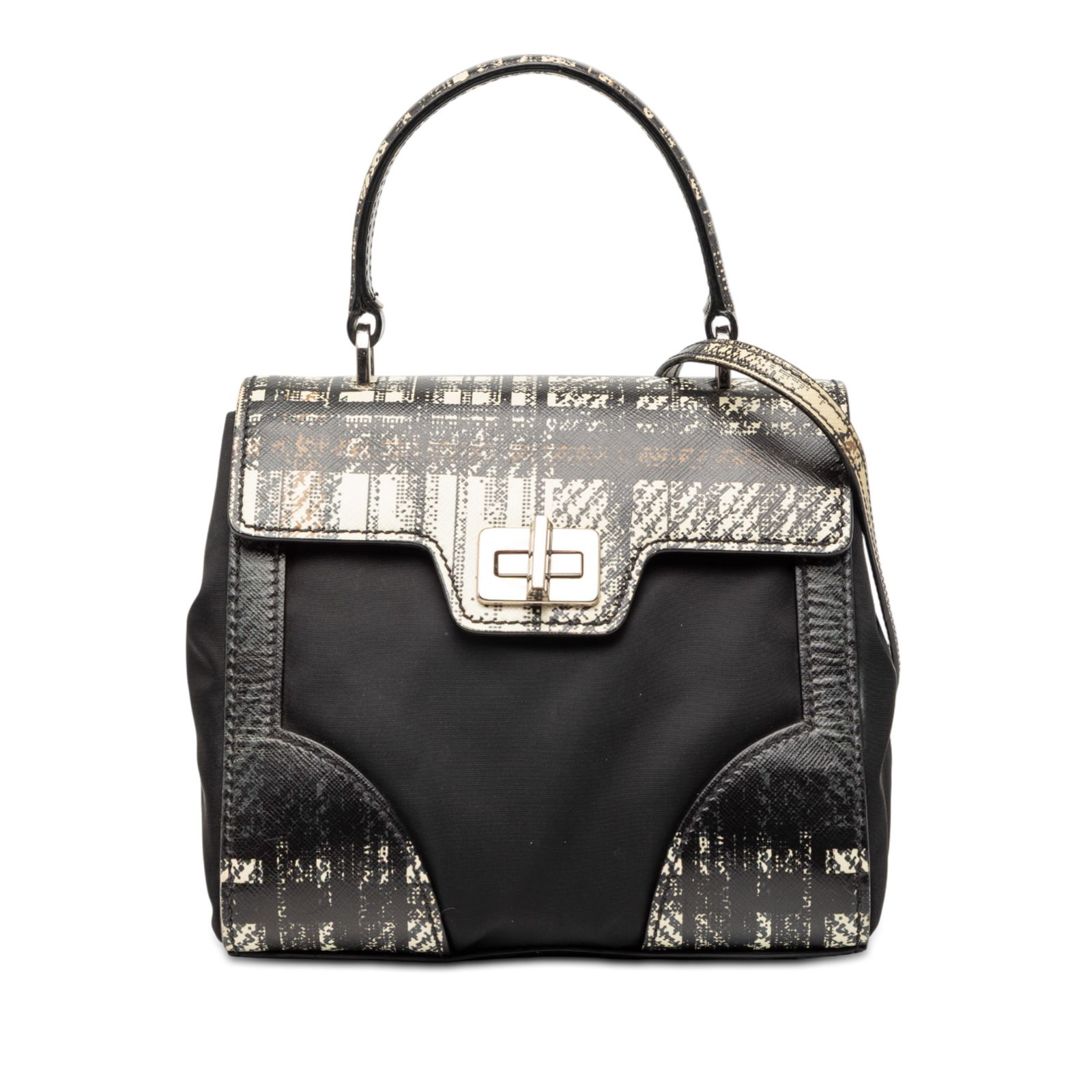Prada Tessuto Tartan Satchel with Saffiano Leather Accents and Detachable Strap: Prada Tessuto Tartan Satchel with Saffiano Leather Accents and Detachable Strap This Prada Tartan Saffiano Trimmed Tessuto Satchel features a nylon body with a printed saffiano leather trim, a flat to