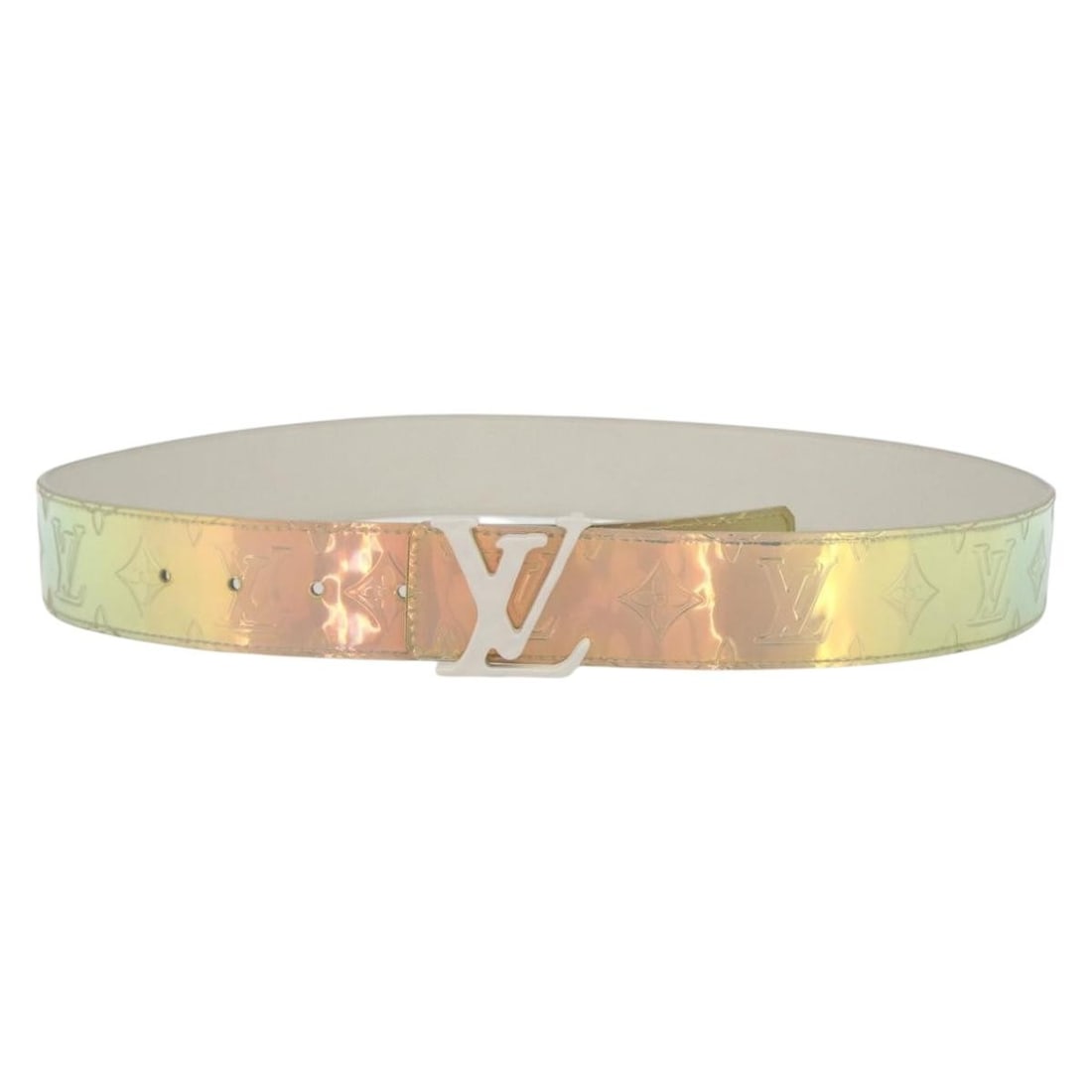 Louis Vuitton Monogram Prism Silver Canvas Belt M0219 with Dust Bag and Box: Louis Vuitton Monogram Prism Silver Canvas Belt M0219 with Dust Bag and Box This Louis Vuitton Monogram Prism Ceinture LV Shape Belt features a distinctive monogram canvas with a silver tone and is cr