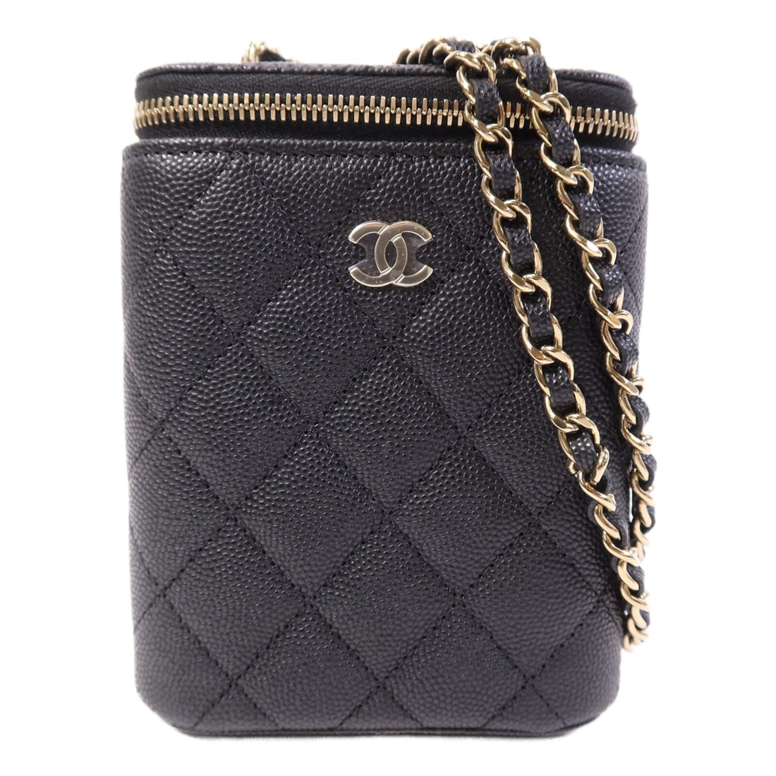Black Calfskin Shoulder Bag by Chanel CC AP2195 with Gold Hardware: Black Calfskin Shoulder Bag by Chanel CC AP2195 with Gold Hardware This CHANEL CC chain shoulder bag is crafted from black calfskin leather and features a sleek, compact design. The bag is accented wi