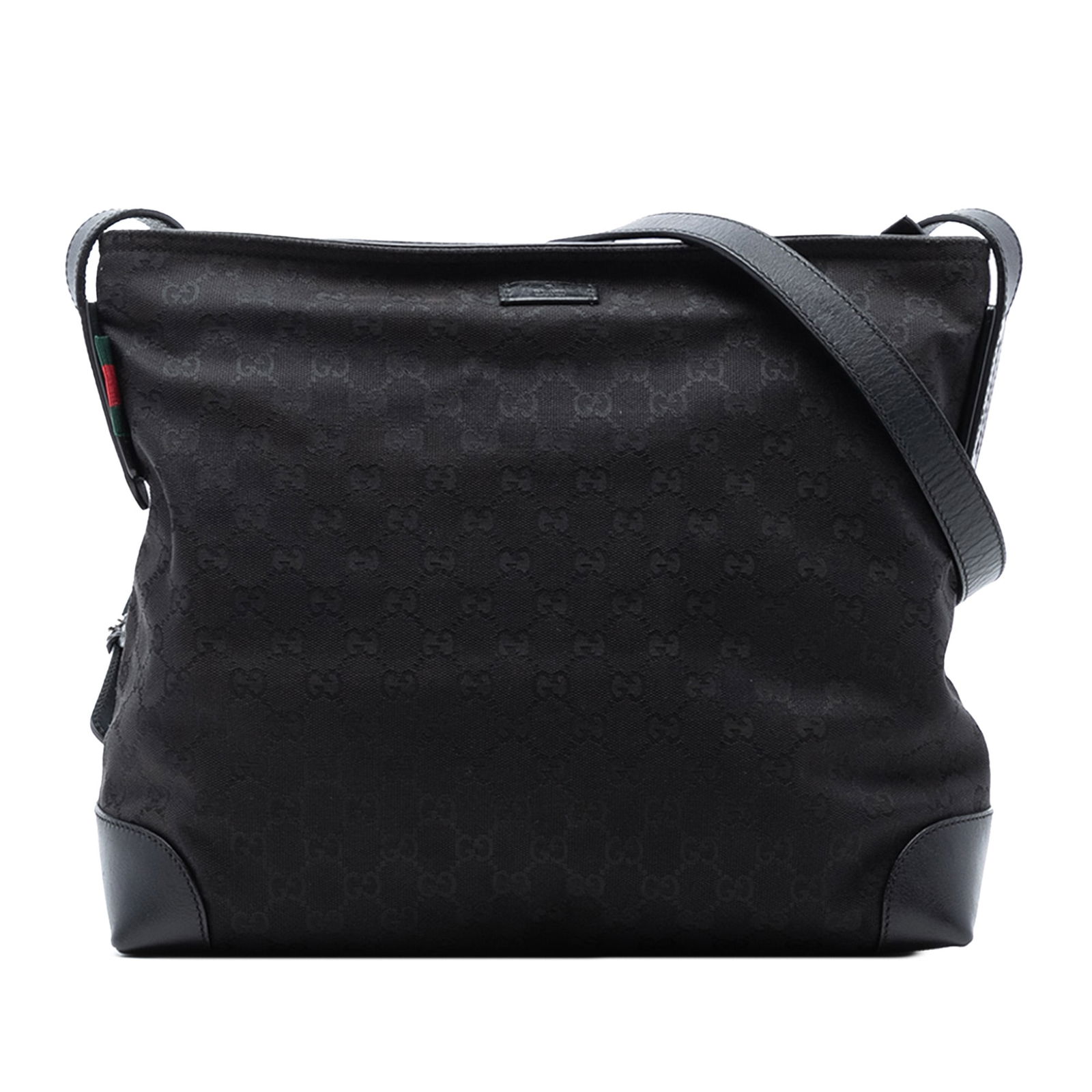 Gucci GG Canvas Web Black Fabric Crossbody Bag with Leather Trim: Gucci GG Canvas Web Black Fabric Crossbody Bag with Leather Trim This Gucci GG Canvas Web Crossbody bag features a canvas body with leather trim, a flat leather shoulder strap, top zip closure, and in