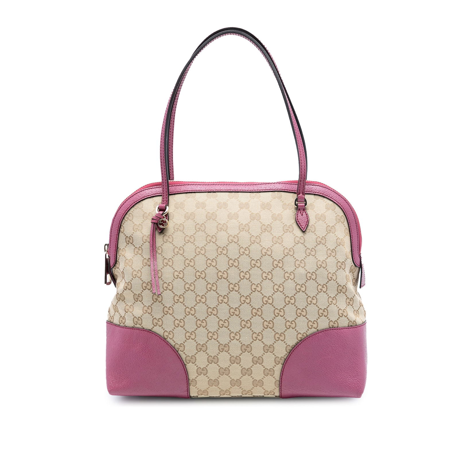 Gucci Bree Dome Medium GG Canvas Tote Bag with Leather Trim: Gucci Bree Dome Medium GG Canvas Tote Bag with Leather Trim This Gucci Medium GG Canvas Bree Dome Tote features a canvas body with leather trim, flat leather straps, a top zip closure, and interior zi
