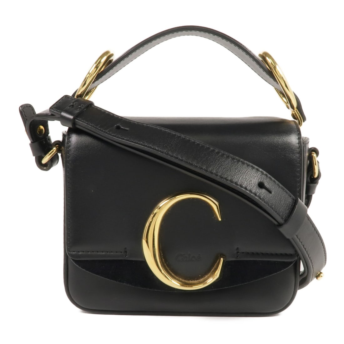 Chloe Mini C Bag Black Calfskin Leather 2 Way Shoulder Bag: Chloe Mini C Bag Black Calfskin Leather 2 Way Shoulder Bag Introducing the Chloe Mini Chloe C Bag, a stylish 2-way shoulder bag crafted from luxurious calfskin leather in a classic black finish. This
