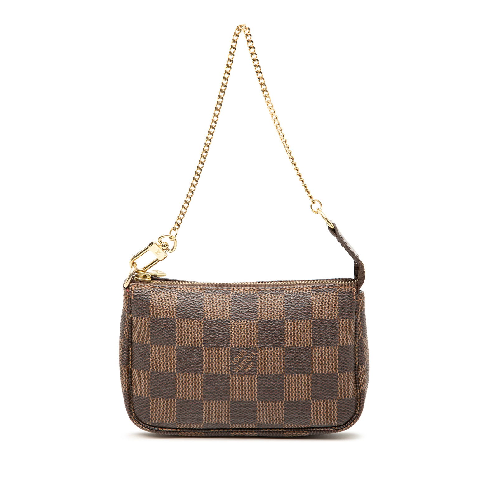 Damier Ebene Canvas Mini Pochette by Louis Vuitton with Gold Tone Chain: Damier Ebene Canvas Mini Pochette by Louis Vuitton with Gold Tone Chain This Louis Vuitton Damier Ebene Mini Pochette Accessoires features a damier canvas body in brown, a gold-tone curb chain strap,