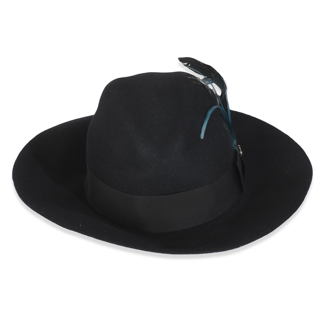 Black Fabric Trilby Hat by Gucci Size Large: Black Fabric Trilby Hat by Gucci Size Large This Gucci black trilby hat features the signature GG pattern and is crafted from a cotton blend fabric. Designed in Italy, it includes a feather accent and