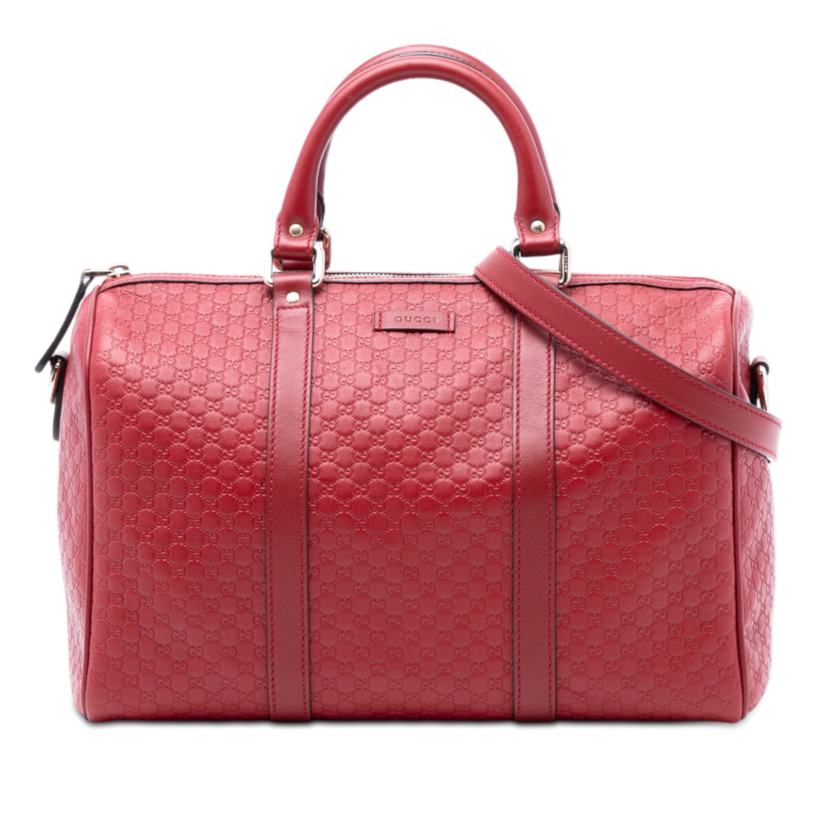 Red Microguccissima Leather Medium Satchel Bag by Gucci: Red Microguccissima Leather Medium Satchel Bag by Gucci This satchel features an embossed leather body with rolled leather handles and a detachable flat leather strap. It has a top zip closure and inc