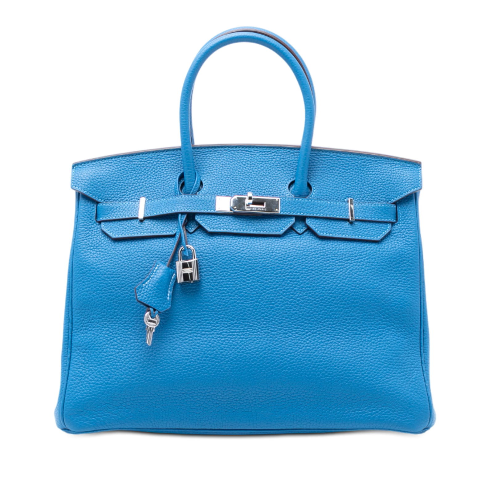 Mykonos Blue Hermes Birkin 35 Togo Leather Handbag with Turn Lock: Mykonos Blue Hermes Birkin 35 Togo Leather Handbag with Turn Lock This Hermes Togo Birkin Retourne 35 features a Togo leather body in Mykonos blue, rolled leather handles, a front flap with a strap an