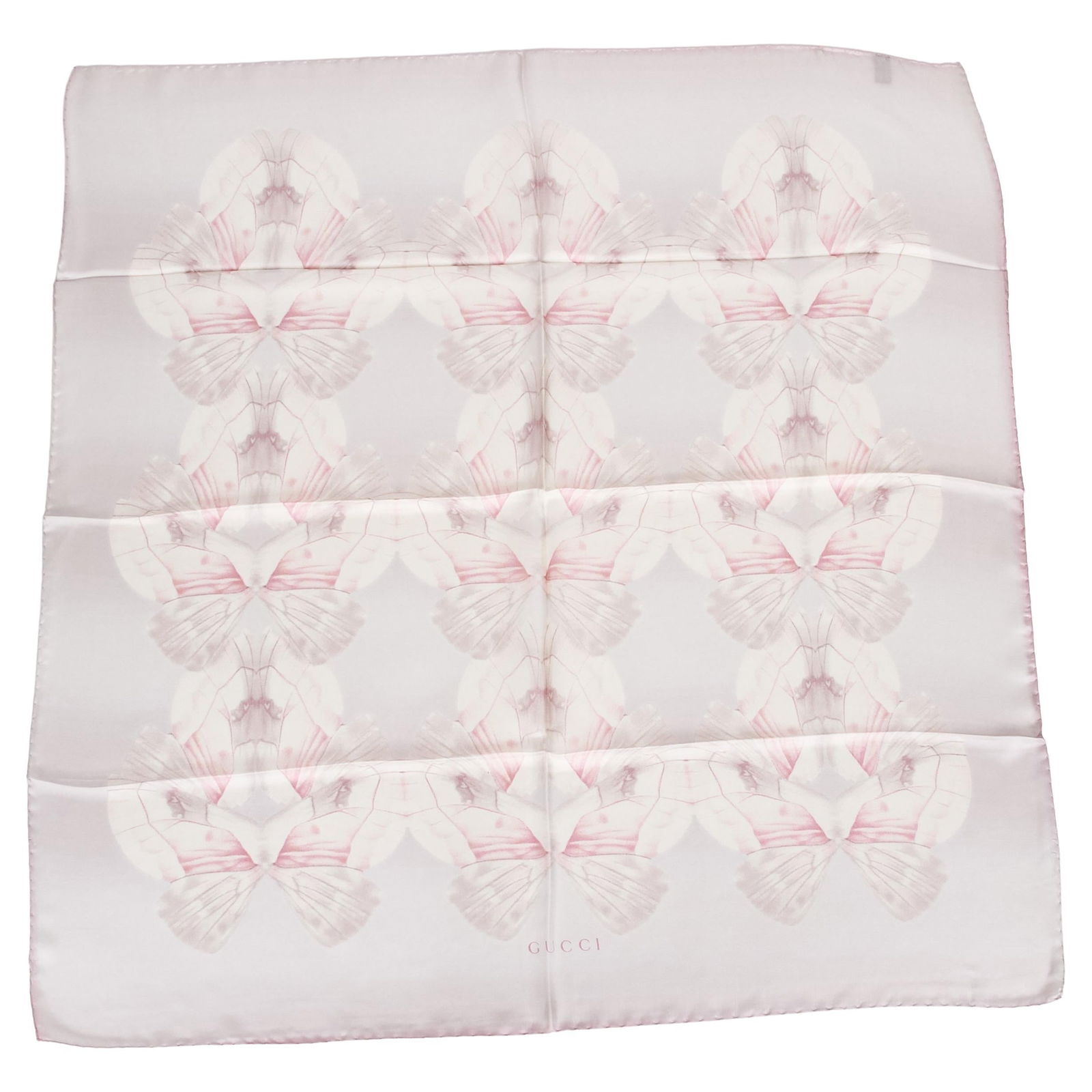 Gucci Pink Butterflies 100% Silk Scarf Made in Italy 35 x 35: Gucci Pink Butterflies 100% Silk Scarf Made in Italy 35 x 35 Elevate your accessory collection with this stunning Gucci Pink Butterflies Silk Scarf. Crafted from luxurious 100% silk, this scarf featur