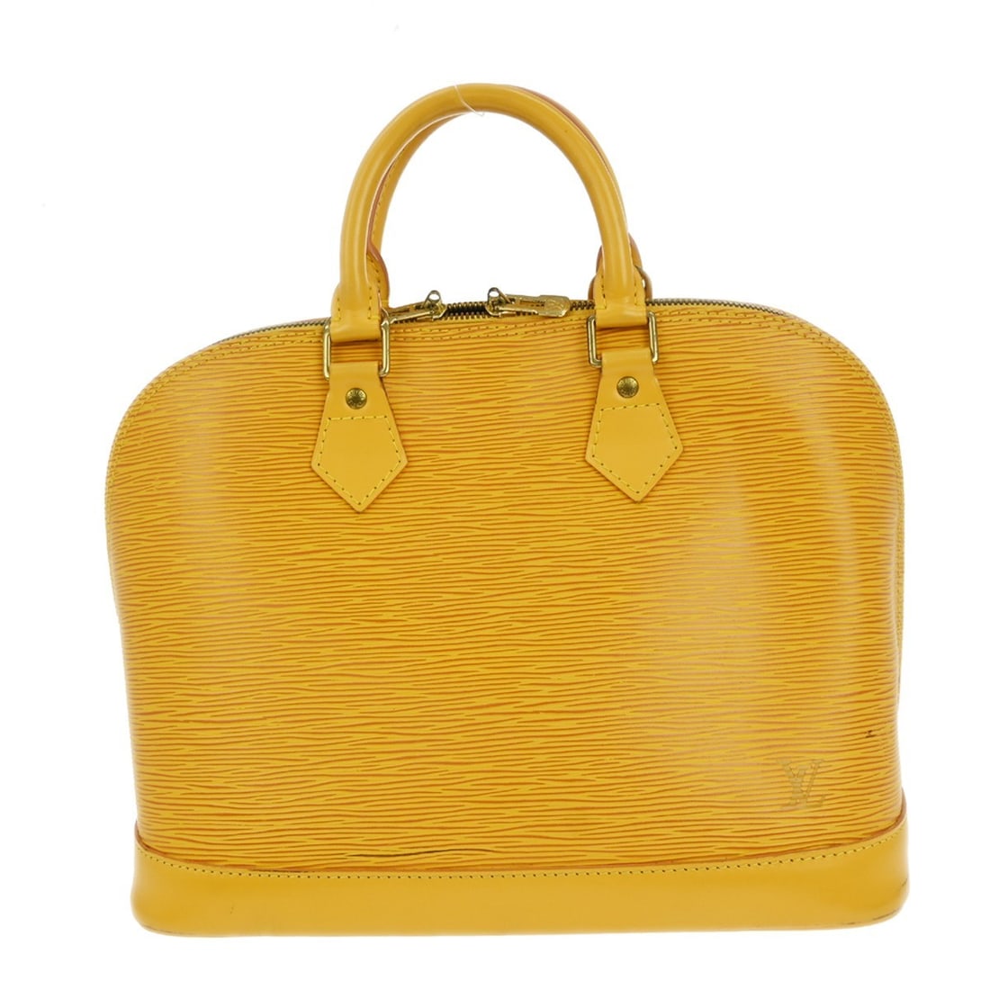 Yellow Epi Leather Louis Vuitton Alma Purse 31cm by 23cm by 17cm: Yellow Epi Leather Louis Vuitton Alma Purse 31cm by 23cm by 17cm This pre-owned Louis Vuitton Alma handbag is crafted from yellow Epi leather, featuring a structured silhouette suitable for female use