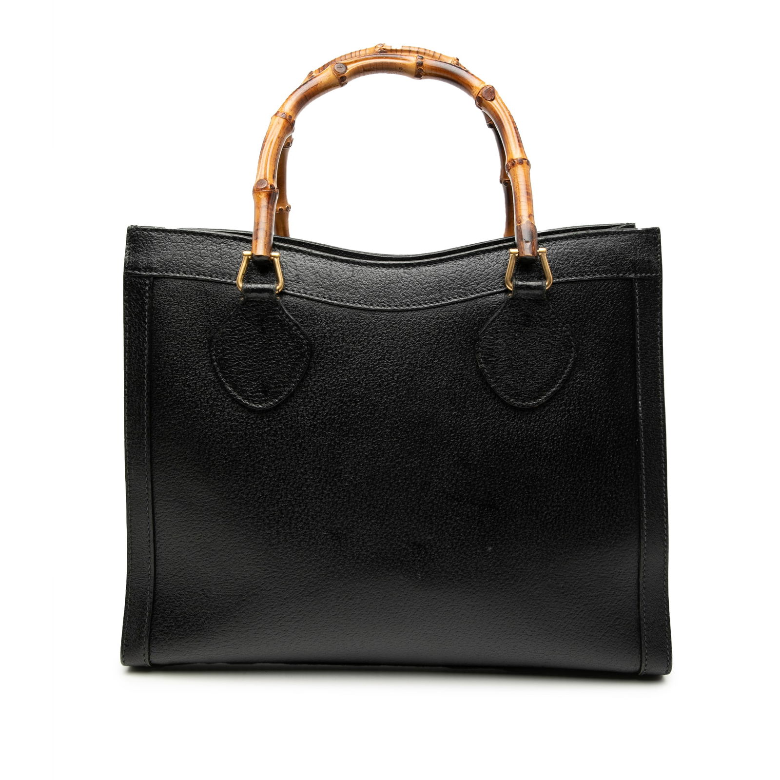 Gucci Diana Bamboo Handle Medium Black Leather Tote Bag: Gucci Diana Bamboo Handle Medium Black Leather Tote Bag This Gucci Medium Pebbled Calfskin Bamboo Diana Tote features a black leather body with distinctive bamboo handles, a fold-in flap secured by a