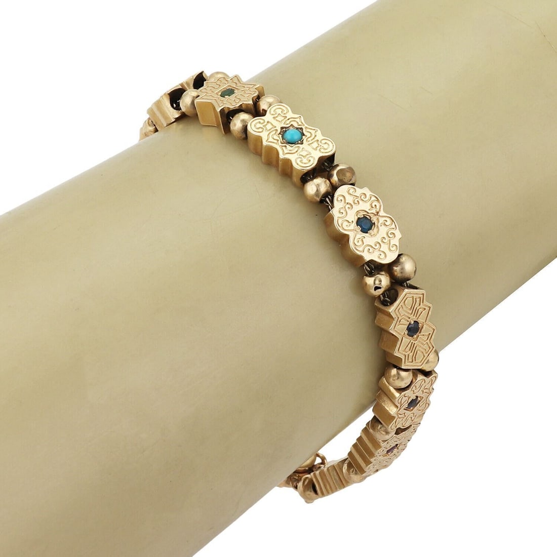 Vintage 14k Gold Slide Bracelet with Ruby Sapphire Citrine Malachite Turquoise: Vintage 14k Gold Slide Bracelet with Ruby Sapphire Citrine Malachite Turquoise This vintage slide bracelet features a collection of multicolor gemstones, including ruby, sapphire, citrine, malachite,