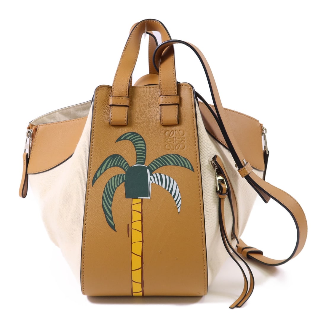 Loewe Small Hammock Shoulder Bag in Brown and White Canvas and Calfskin: Loewe Small Hammock Shoulder Bag in Brown and White Canvas and Calfskin This LOEWE Small Hammock Ken Price shoulder bag is crafted from canvas and calfskin in a brown and white color combination. It f