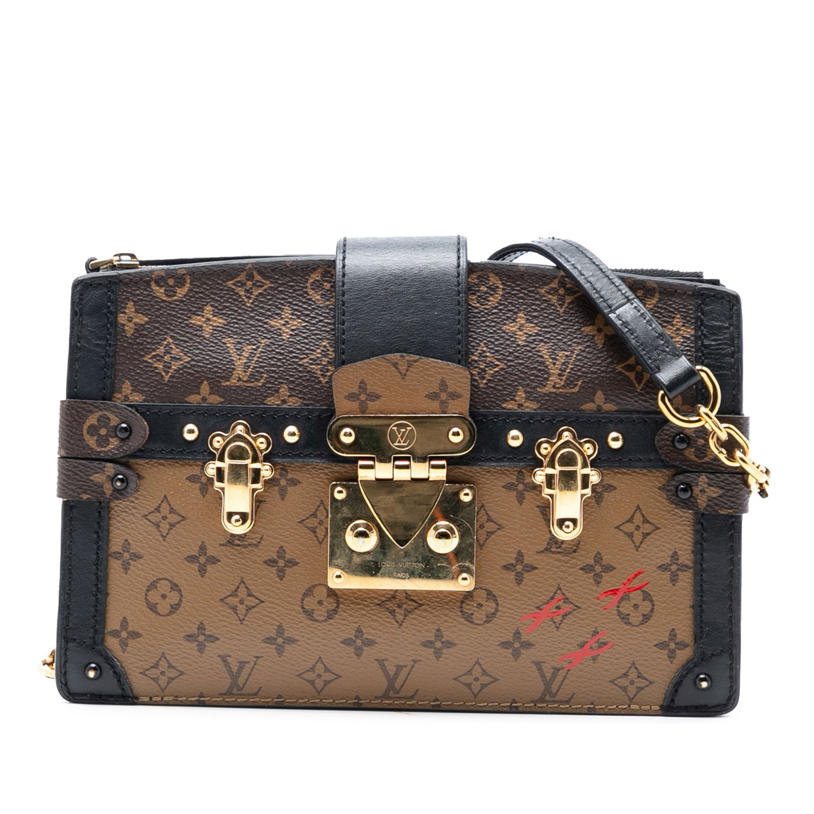Monogram Reverse Trunk Clutch Bag by Louis Vuitton with Chain Strap: Monogram Reverse Trunk Clutch Bag by Louis Vuitton with Chain Strap This Louis Vuitton Monogram Reverse Trunk Clutch features a monogram canvas body with leather trim, a detachable curb chain strap, a