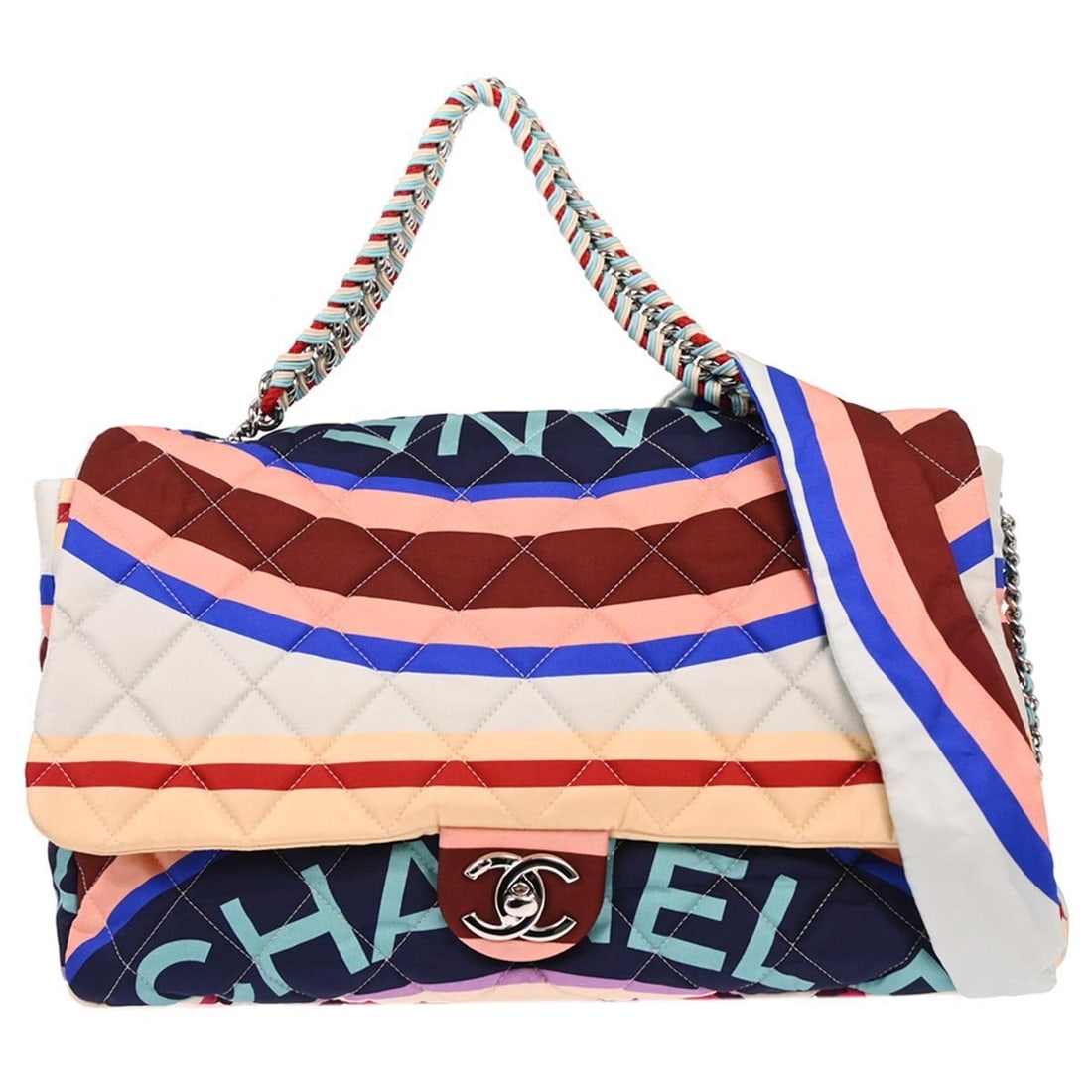 Chanel XXL Quilted Satin Top Handle Bag in Light Blue and Navy: Chanel XXL Quilted Satin Top Handle Bag in Light Blue and Navy This Chanel XXL quilted handbag features a light blue and navy printed satin exterior with a top handle design. The bag is equipped with