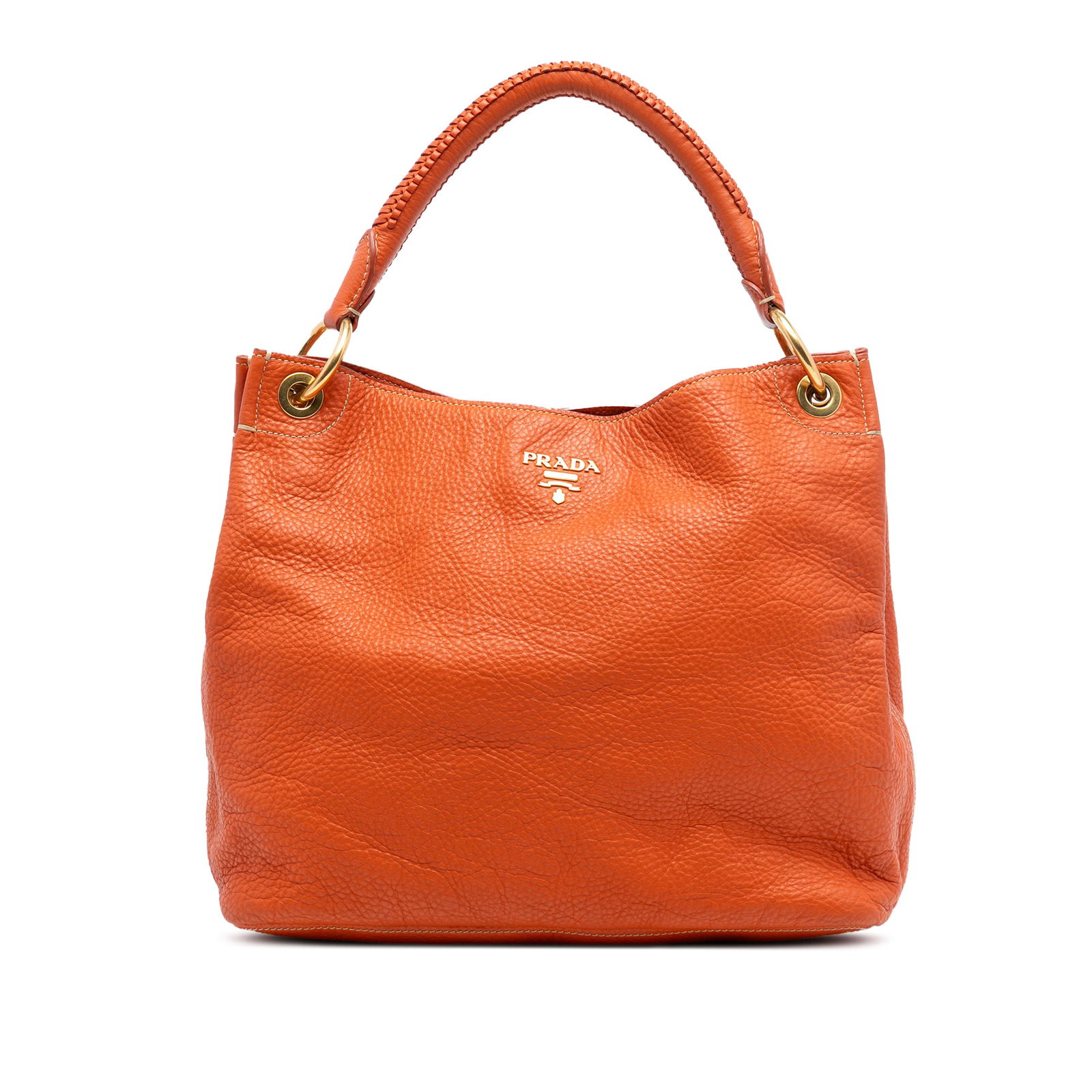 Prada Vitello Daino Orange Leather Hobo Bag Italy: Prada Vitello Daino Orange Leather Hobo Bag Italy This Prada Vitello Daino Hobo features a leather exterior in orange, complemented by a rolled leather strap and an open top with a magnetic closure. T