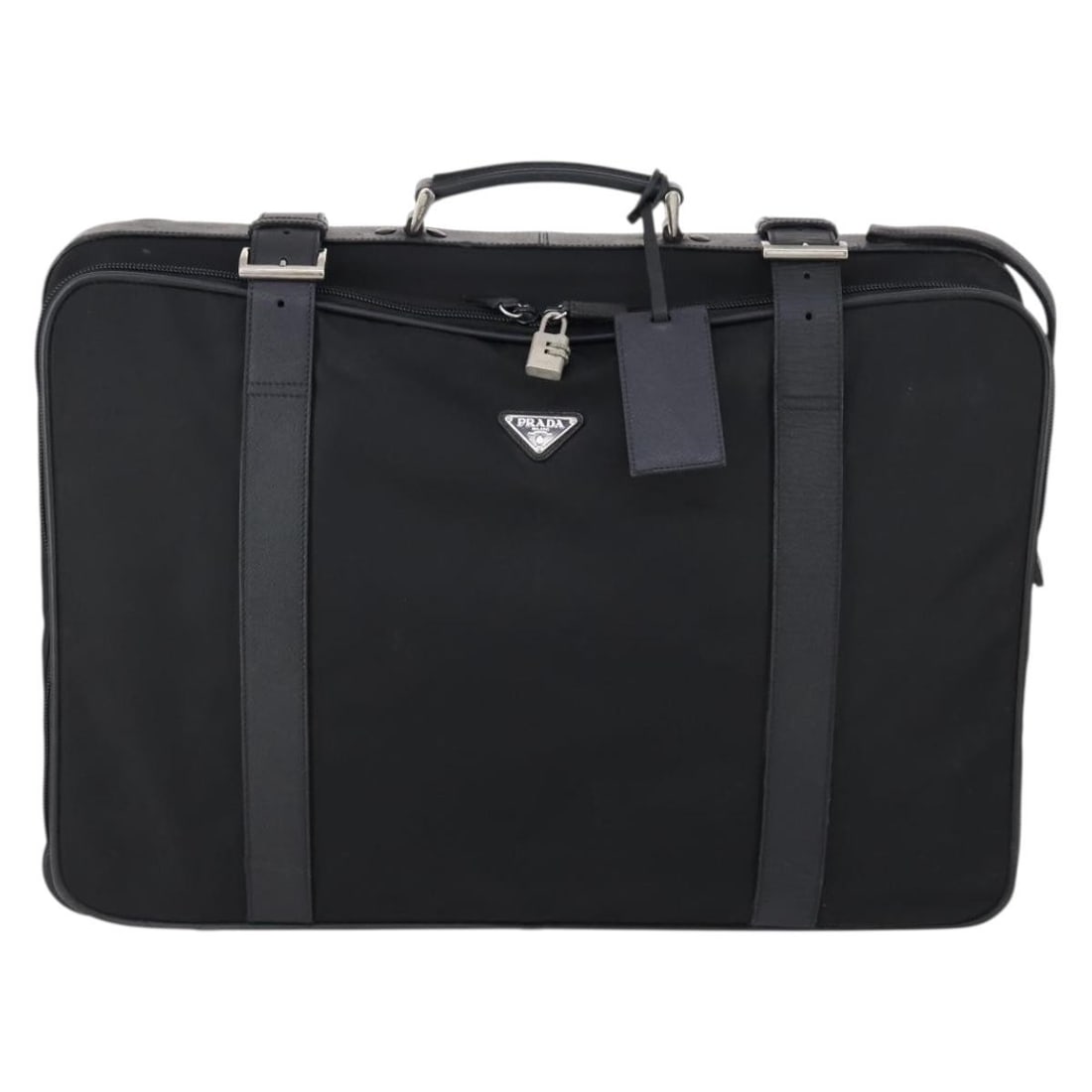 Black Nylon Trunk Bag by Prada Unisex Italy 59cm: Black Nylon Trunk Bag by Prada Unisex Italy 59cm This pre-owned Prada Trunk Bag is crafted from black nylon and features a spacious design suitable for unisex use. Made in Italy, the bag exhibits sign