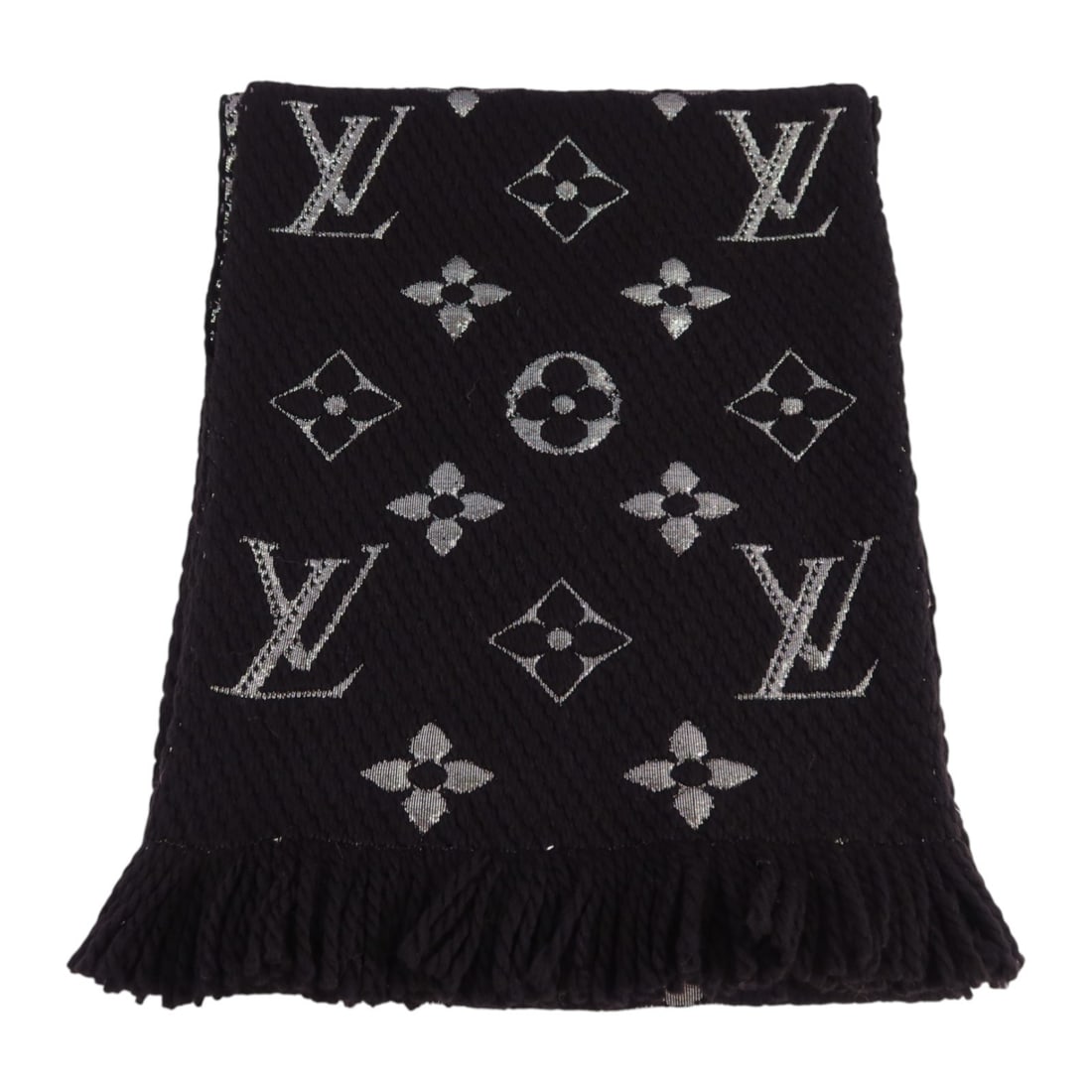 Louis Vuitton Logomania Shine Wool Silk Black Silver Scarf M75833 (1 of 10)