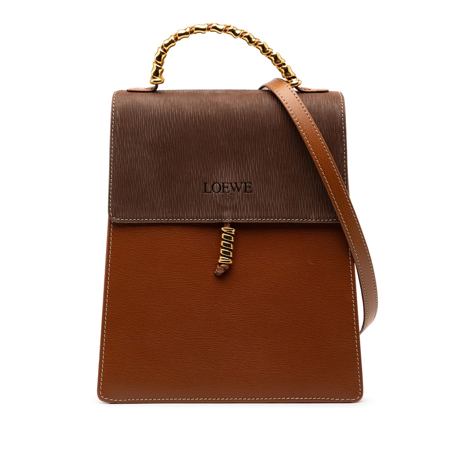 Loewe Velazquez Twist Brown Leather Satchel with Top Handle: Loewe Velazquez Twist Brown Leather Satchel with Top Handle This LOEWE Velazquez Twist Top Handle Bag is crafted from brown leather and features a rolled leather handle with gold-tone hardware. The ba