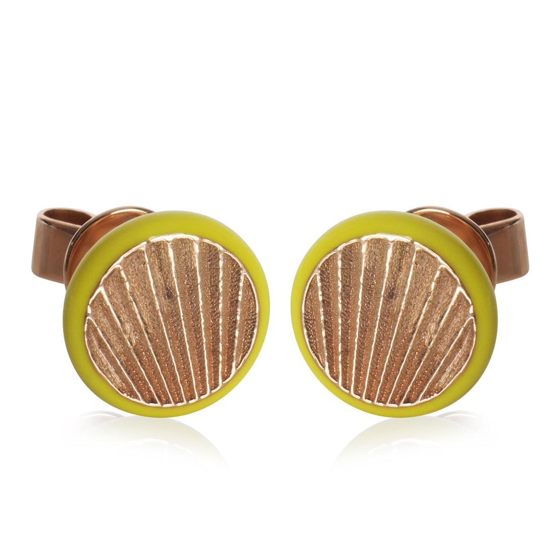 14K Rose Gold Yellow Enamel Unisex Earrings 9mm: 14K Rose Gold Yellow Enamel Unisex Earrings 9mm These stunning earrings showcase a beautiful combination of rose gold and vibrant yellow enamel, making them an eye-catching accessory for any occasion.