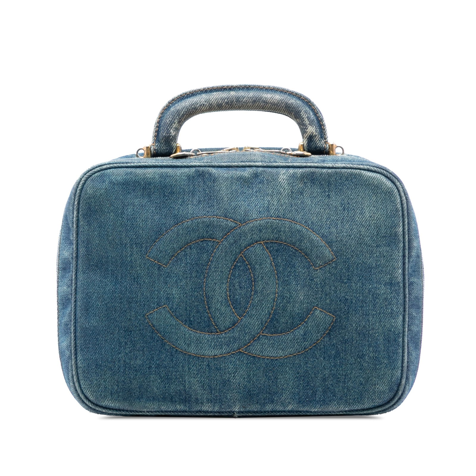 Blue Chanel Vanity Bag in Denim with Leather Handle and Detachable Strap: Blue Chanel Vanity Bag in Denim with Leather Handle and Detachable Strap This Chanel CC Denim Vanity Bag features a blue denim body with a flat leather top handle and a detachable flat strap. It is de