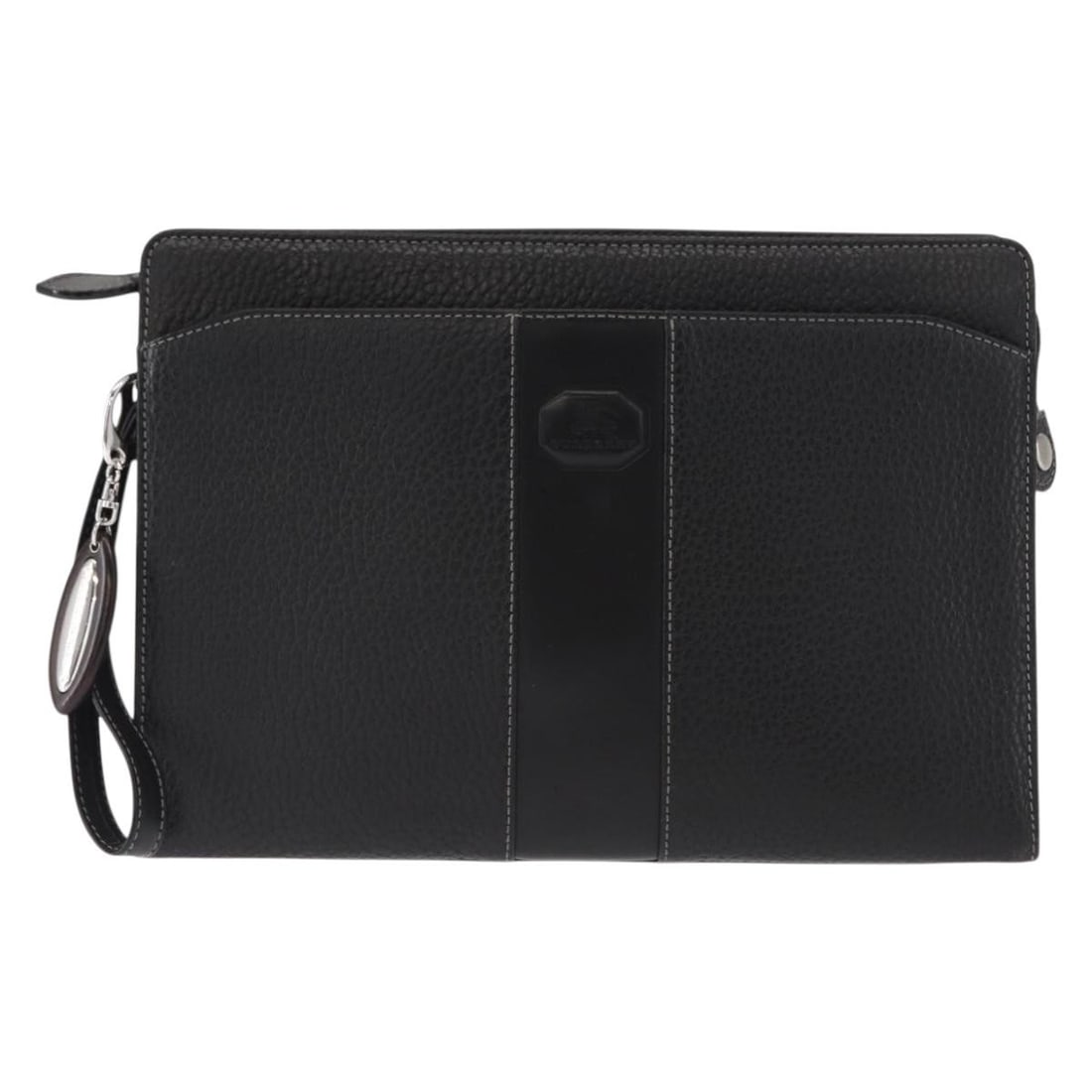 Black Leather Zip Clutch by Burberry for Women: Black Leather Zip Clutch by Burberry for Women This Burberry Zip Clutch is crafted from black leather and designed for women. It features a zip closure and offers ample space with its structured silho