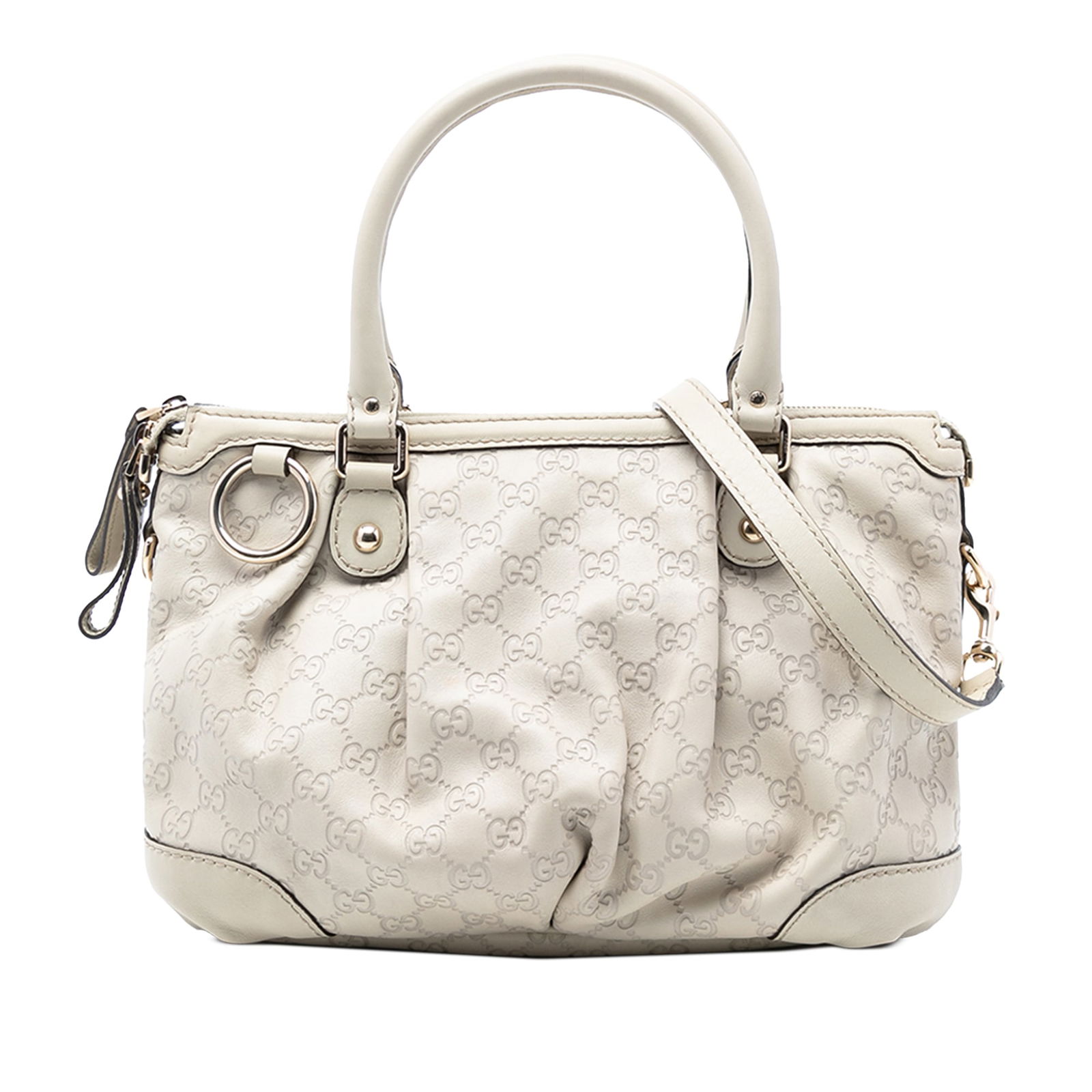 Gucci Sukey Satchel White Leather Bag with Detachable Strap: Gucci Sukey Satchel White Leather Bag with Detachable Strap The Guccissima Sukey Satchel is crafted from leather and features rolled leather handles, a detachable strap, a top zip closure, and interio