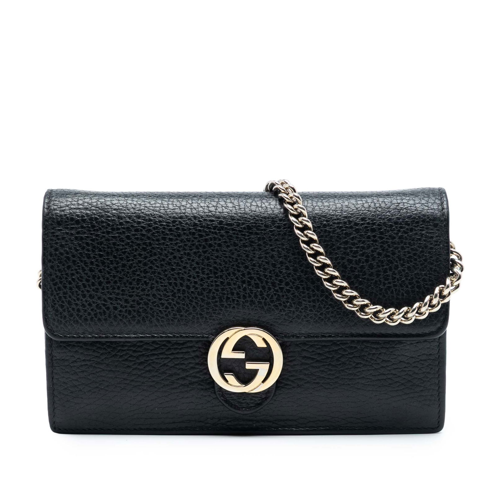 Black Leather Gucci Interlocking G Wallet Chain Bag with Flap Closure: Black Leather Gucci Interlocking G Wallet Chain Bag with Flap Closure This Gucci Interlocking G Dollar Wallet on Chain is crafted from black leather and features a chain strap with a leather guard. Th
