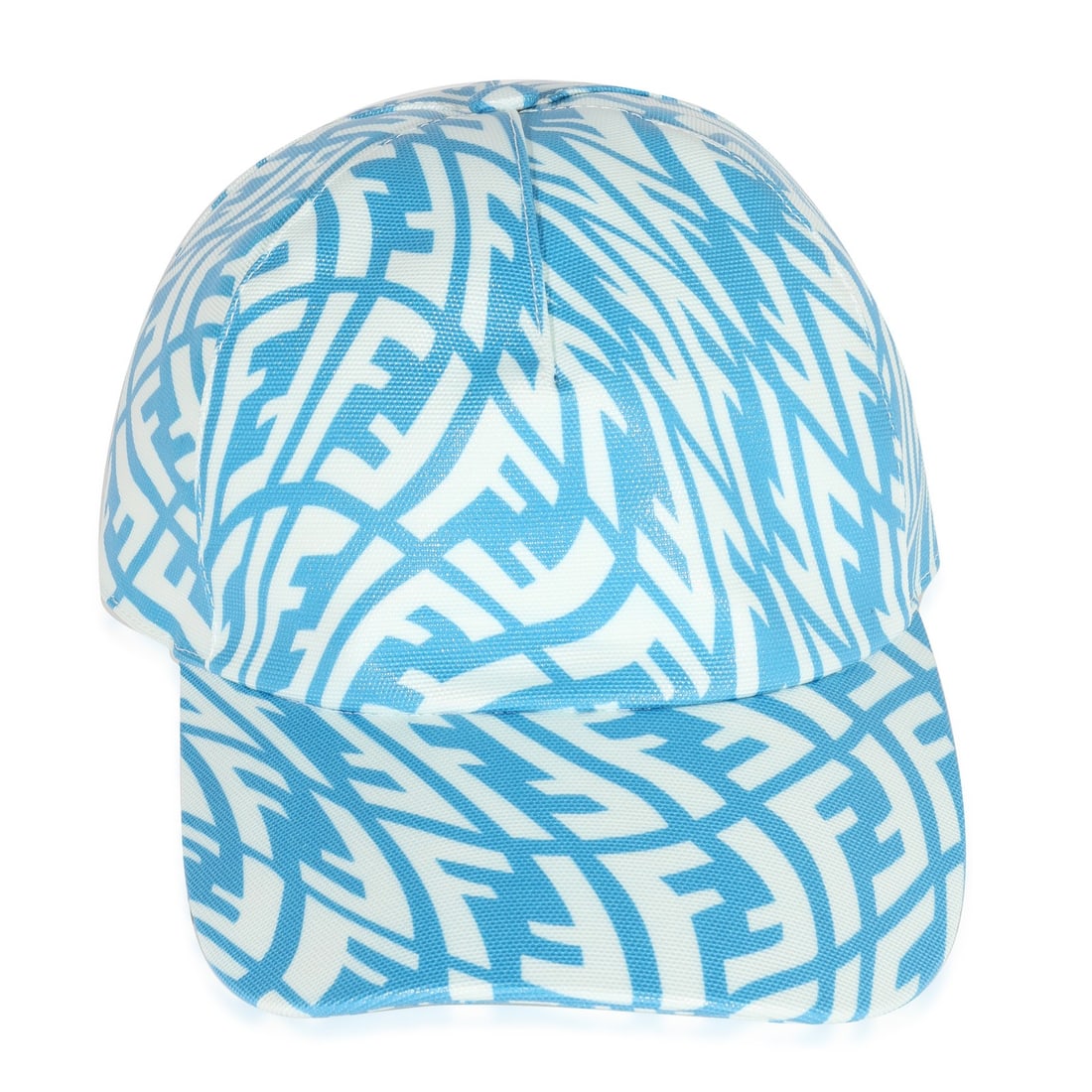 Fendi Cyber Blue White FF Vertigo Coated Canvas Baseball Cap: Fendi Cyber Blue White FF Vertigo Coated Canvas Baseball Cap Elevate your accessory collection with this Fendi Cyber Blue & White FF Vertigo Print Coated Canvas Baseball Cap. Crafted in Italy, this un