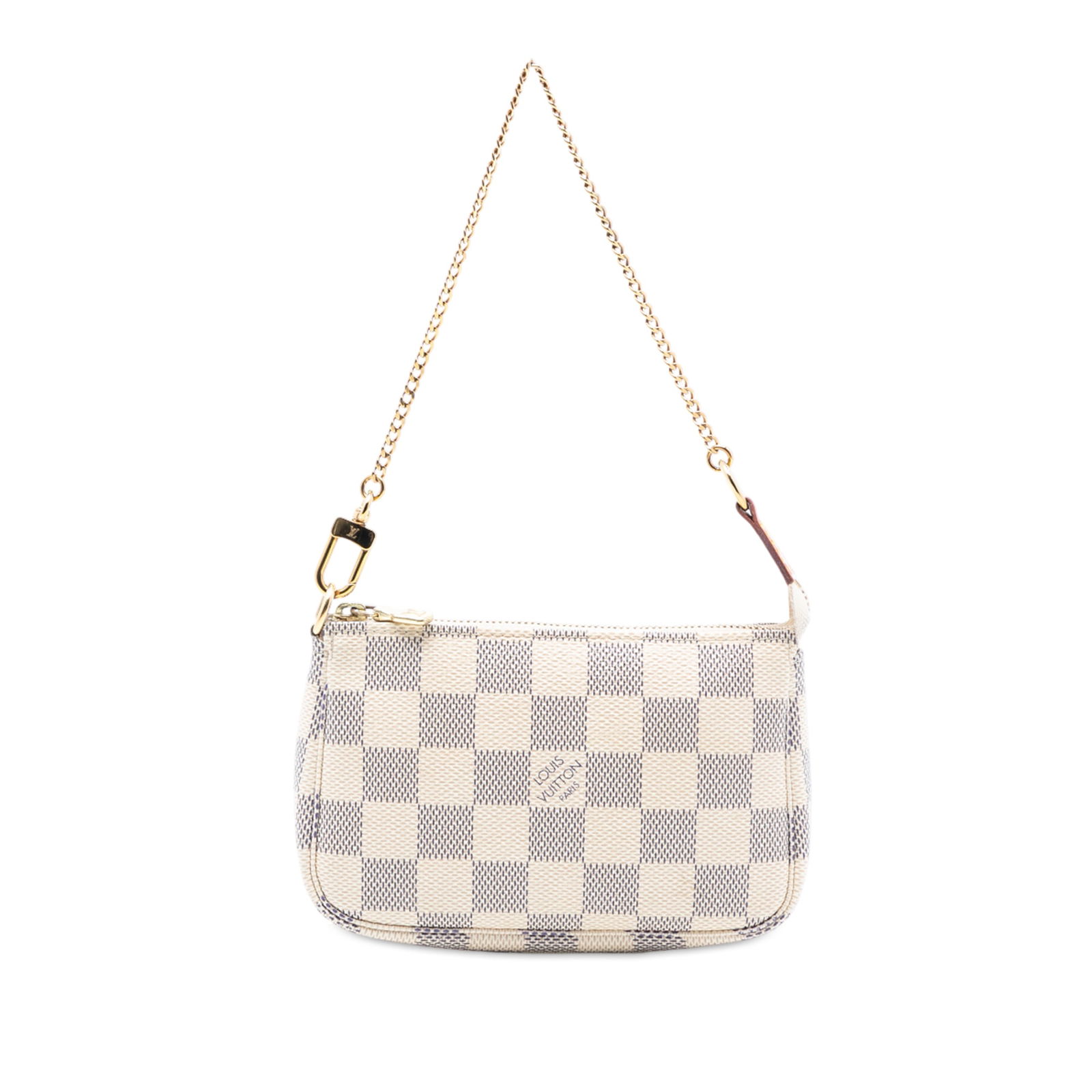 Damier Azur Canvas Mini Pouch with Chain by Louis Vuitton: Damier Azur Canvas Mini Pouch with Chain by Louis Vuitton This Louis Vuitton Mini Pochette Accessoires showcases the iconic Damier Azur canvas in a compact silhouette. The design includes a detachable