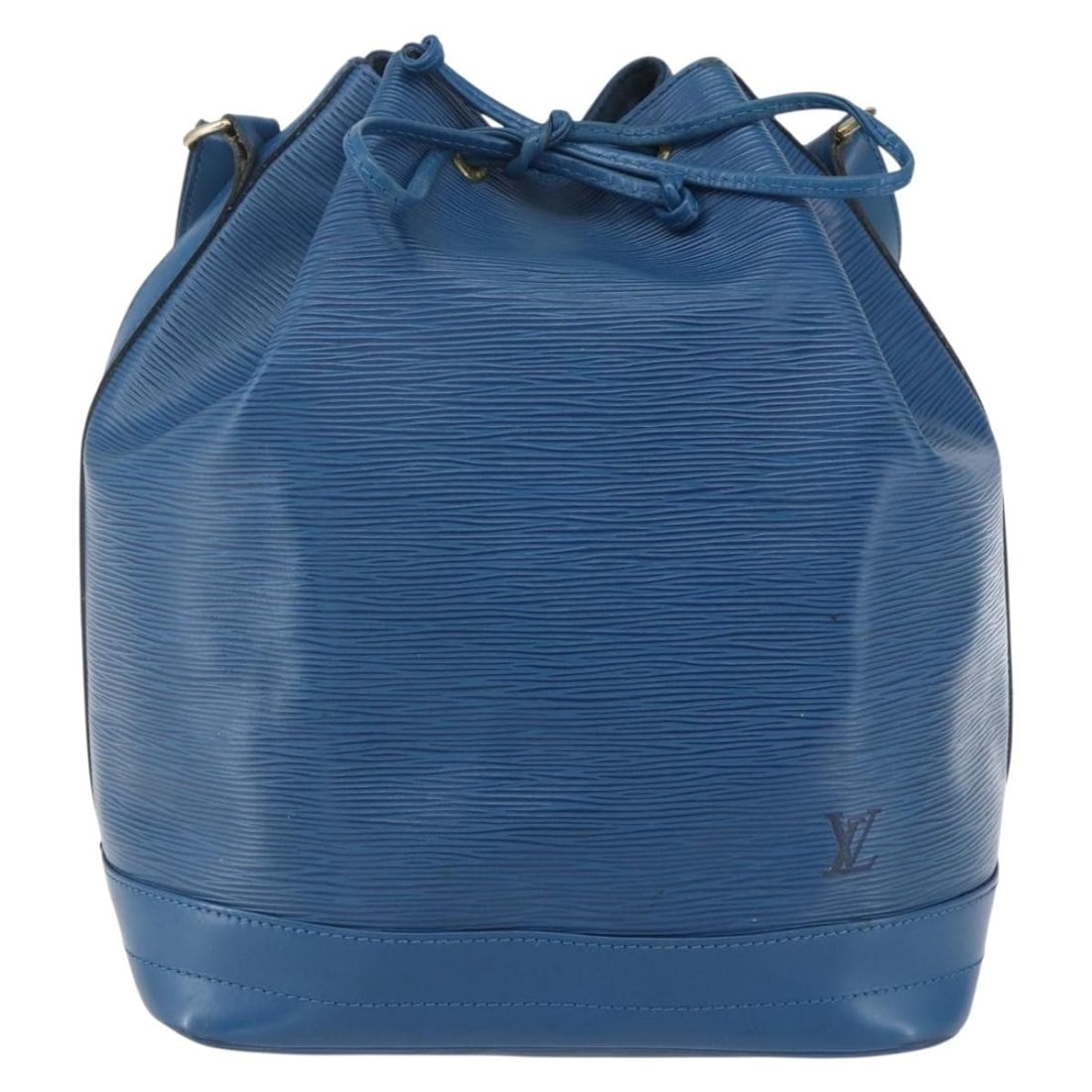 Blue Noe Epi Leather Shoulder Bag by Louis Vuitton: Blue Noe Epi Leather Shoulder Bag by Louis Vuitton This Louis Vuitton Noe handbag is crafted from blue Epi leather and designed for women. The bag features a structured silhouette with a drawstring cl