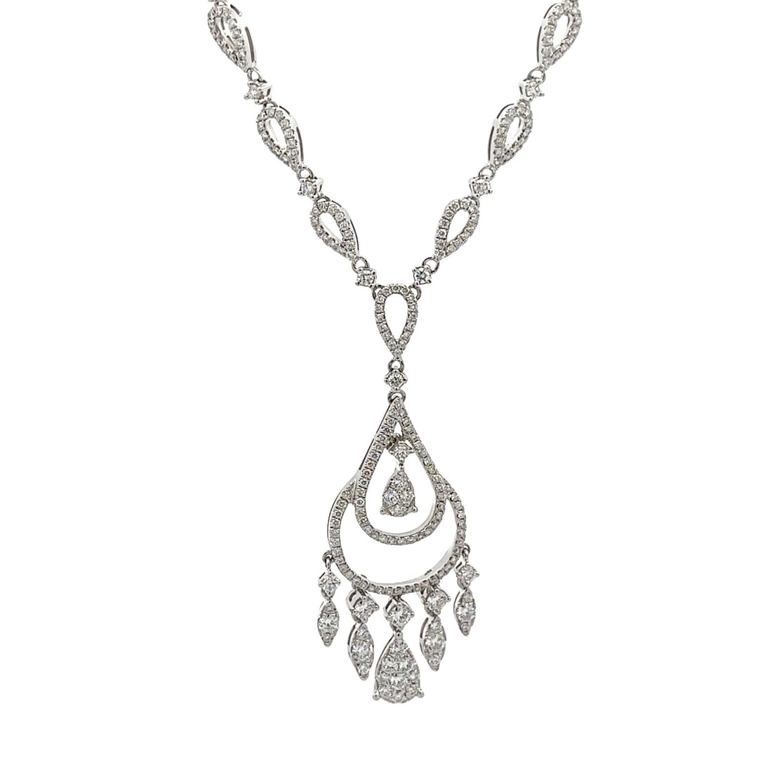 14k White Gold 3ctw Diamond Chandelier Pendant Necklace: 14k White Gold 3ctw Diamond Chandelier Pendant Necklace This stunning 14k White Gold Chandelier Pendant Necklace showcases a total of approximately 3.0 carats of natural genuine diamonds. The necklace