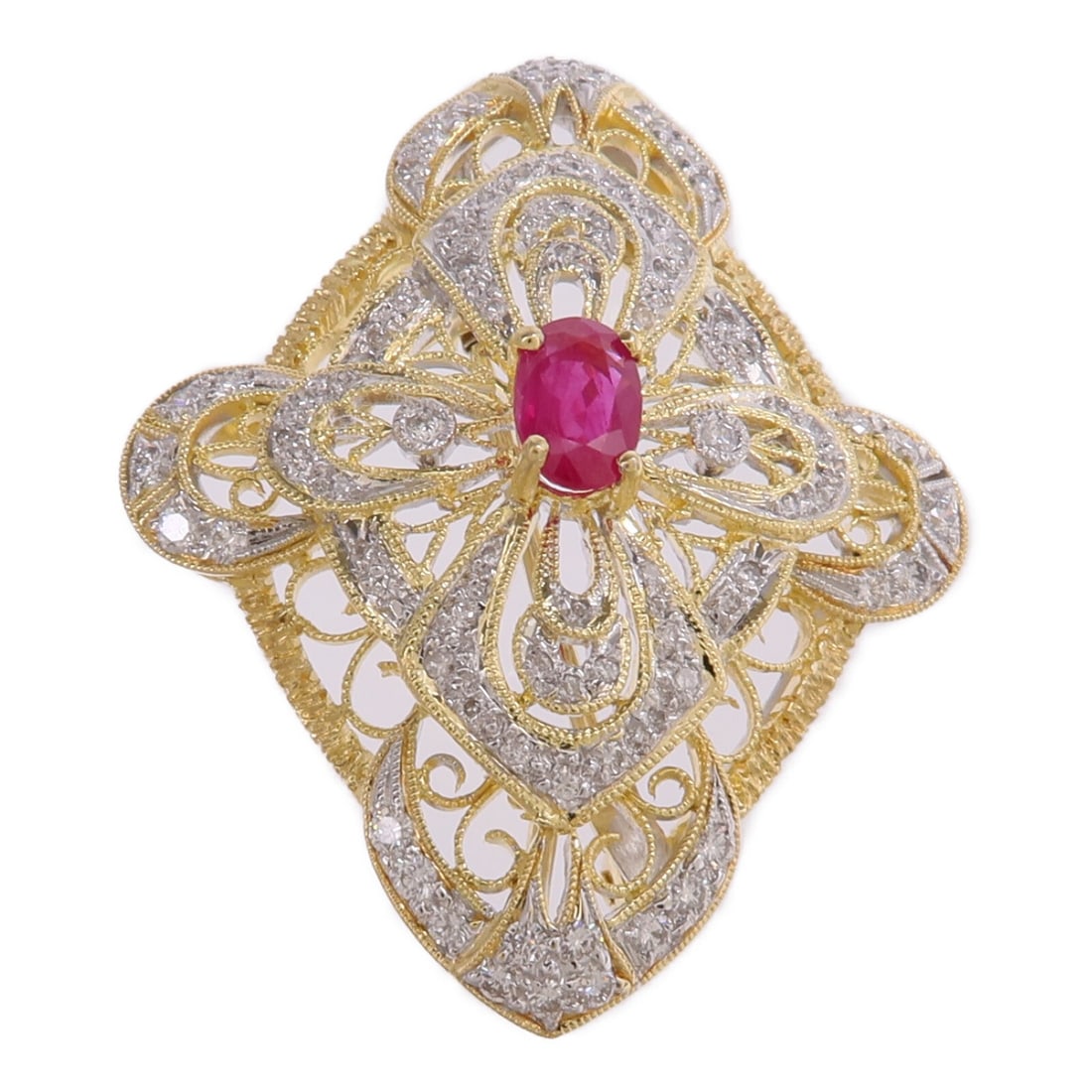 Ruby and Diamond Brooch in 18K Yellow and White Gold (1 of 7)