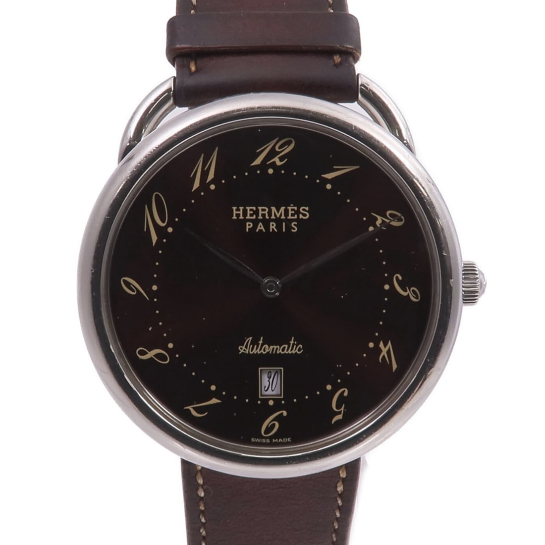 Brown Leather Arceau AR4.810 Stainless Steel Automatic Wristwatch by Hermes: Brown Leather Arceau AR4.810 Stainless Steel Automatic Wristwatch by Hermes This Hermes Arceau AR4.810 is a sophisticated automatic wristwatch crafted from stainless steel with a brown dial and leathe