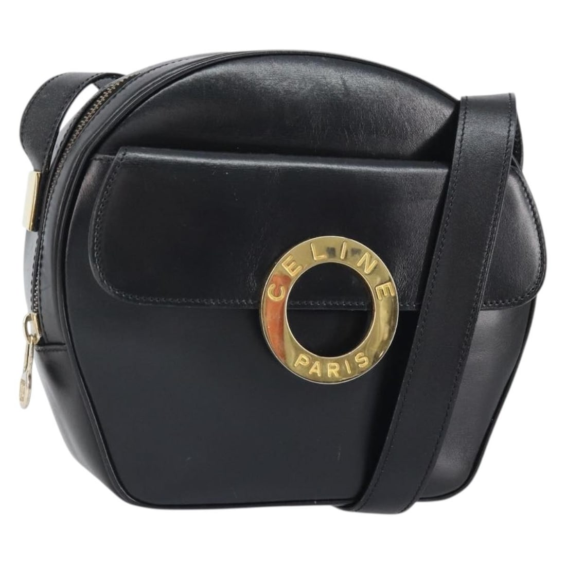 Celine Black Leather Circle Shoulder Bag with Gold Accents and Dust Bag: Celine Black Leather Circle Shoulder Bag with Gold Accents and Dust Bag This CELINE Circle shoulder bag features a classic design crafted from black leather with gold-tone accents. Made in Italy, the