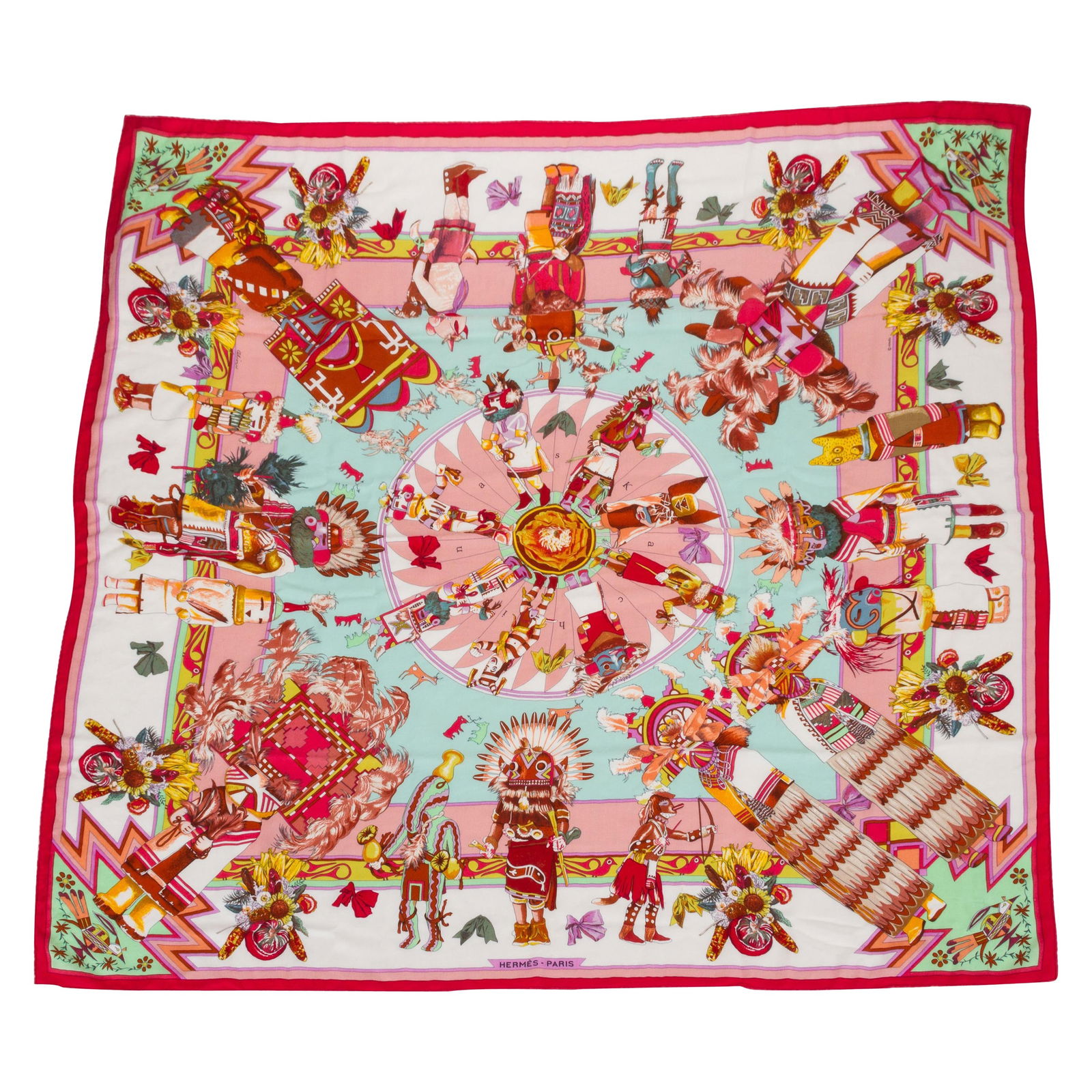 Hermes Kachinas Pink 55 Inch Cashmere Silk Shawl by Kermit Oliver: Hermes Kachinas Pink 55 Inch Cashmere Silk Shawl by Kermit Oliver This Hermes oversize 55-inch shawl features Kermit Oliver's sought-after Kachinas print. Crafted in France from a luxurious blend of s