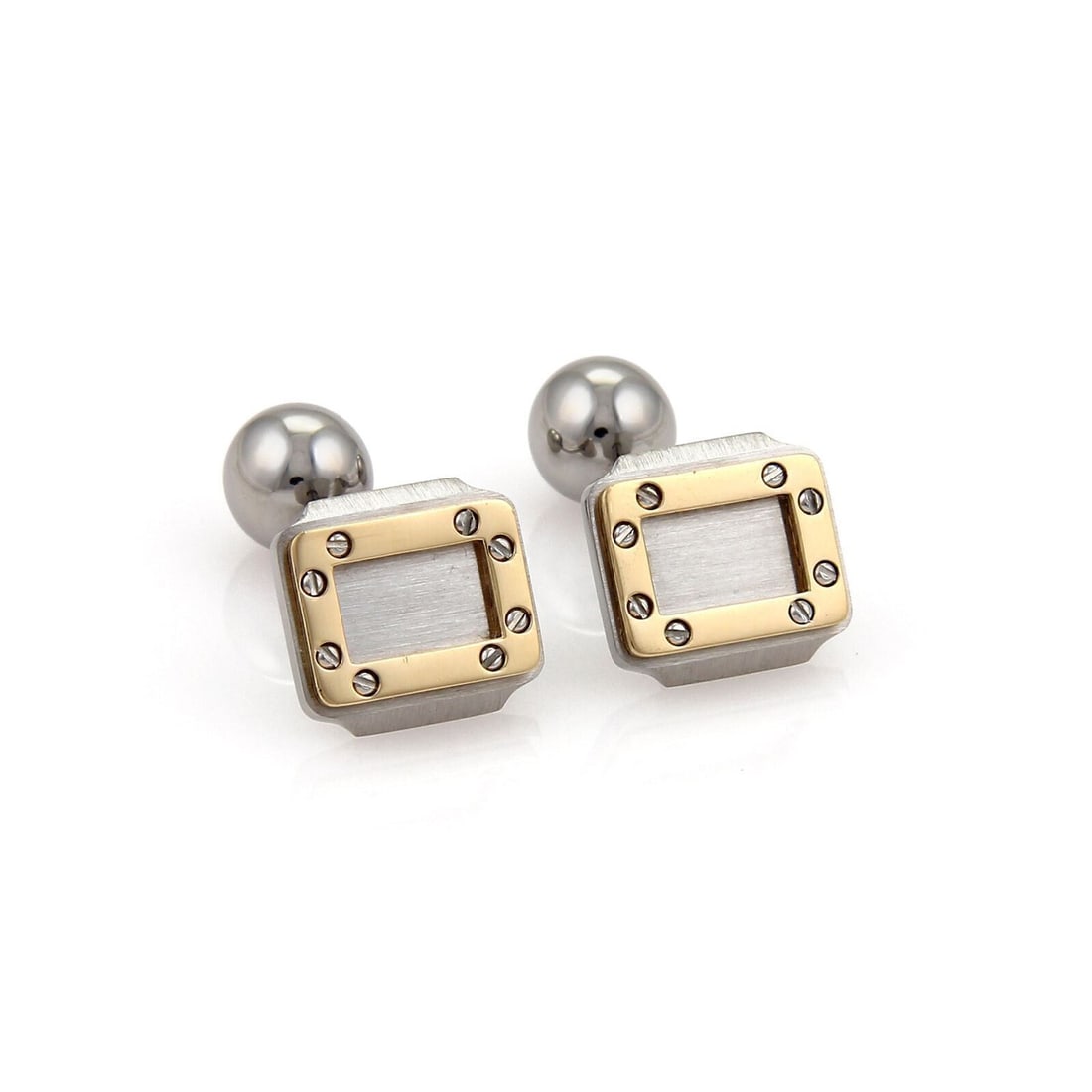 Santos Rectangular Cufflinks in Steel and 18k Gold by Cartier: Santos Rectangular Cufflinks in Steel and 18k Gold by Cartier These Cartier Santos cufflinks feature a rectangular design crafted from stainless steel and 18k yellow gold. The cufflinks are finished w