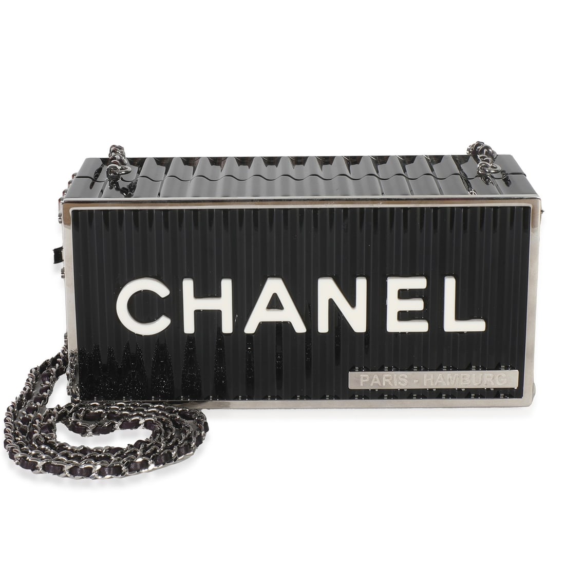 Chanel 18A Black Lucite Minaudiere Shipping Container Clutch: Chanel 18A Black Lucite Minaudiere Shipping Container Clutch This stunning Chanel 18A Black Lucite Paris Hamburg Minaudiere Shipping Container Clutch is a true statement piece. Crafted in Italy in 201